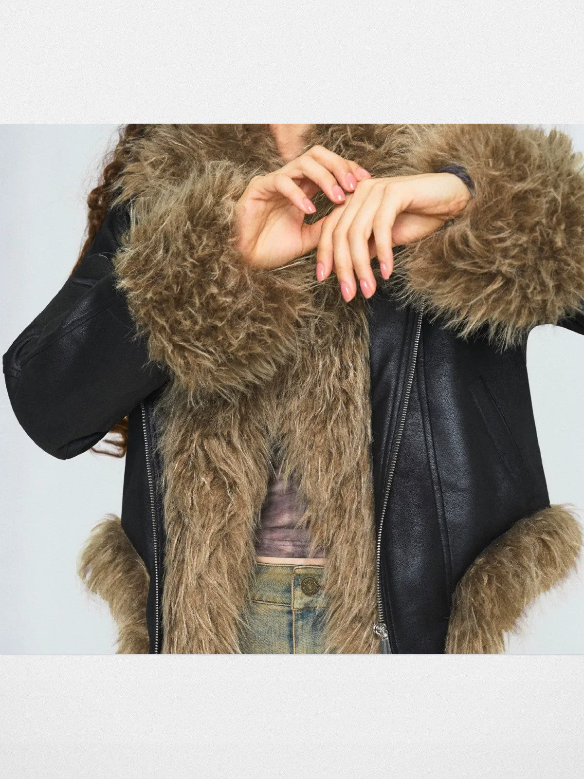 Amee Faux Fur Trimmed PU Jacket in Black - On Model