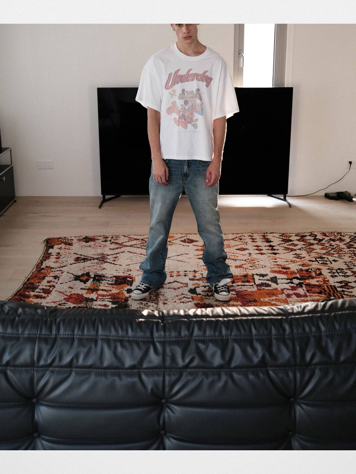 UNKNOWNWORLD Ice Blue Washed Micro Flare Jeans in Blue - On Model