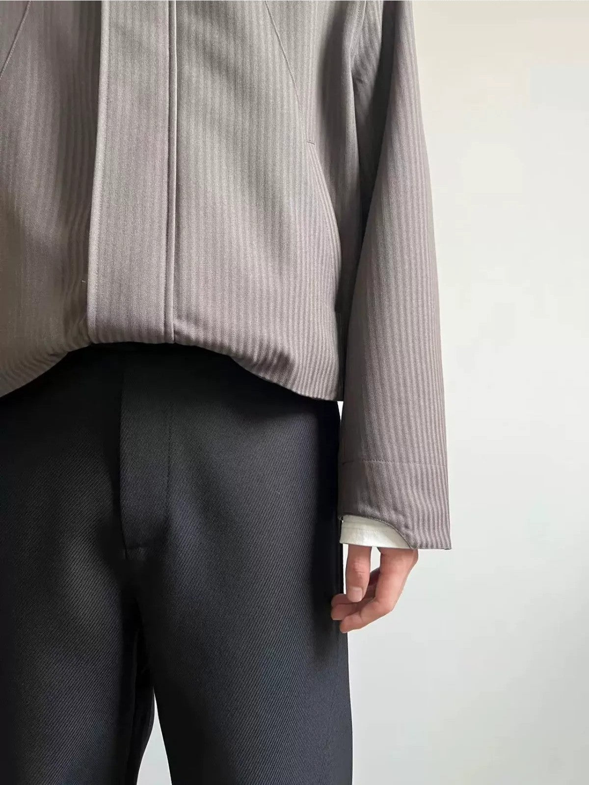 AFterTaste Two Tone Striped Harrington Jacket in Beige - On Model