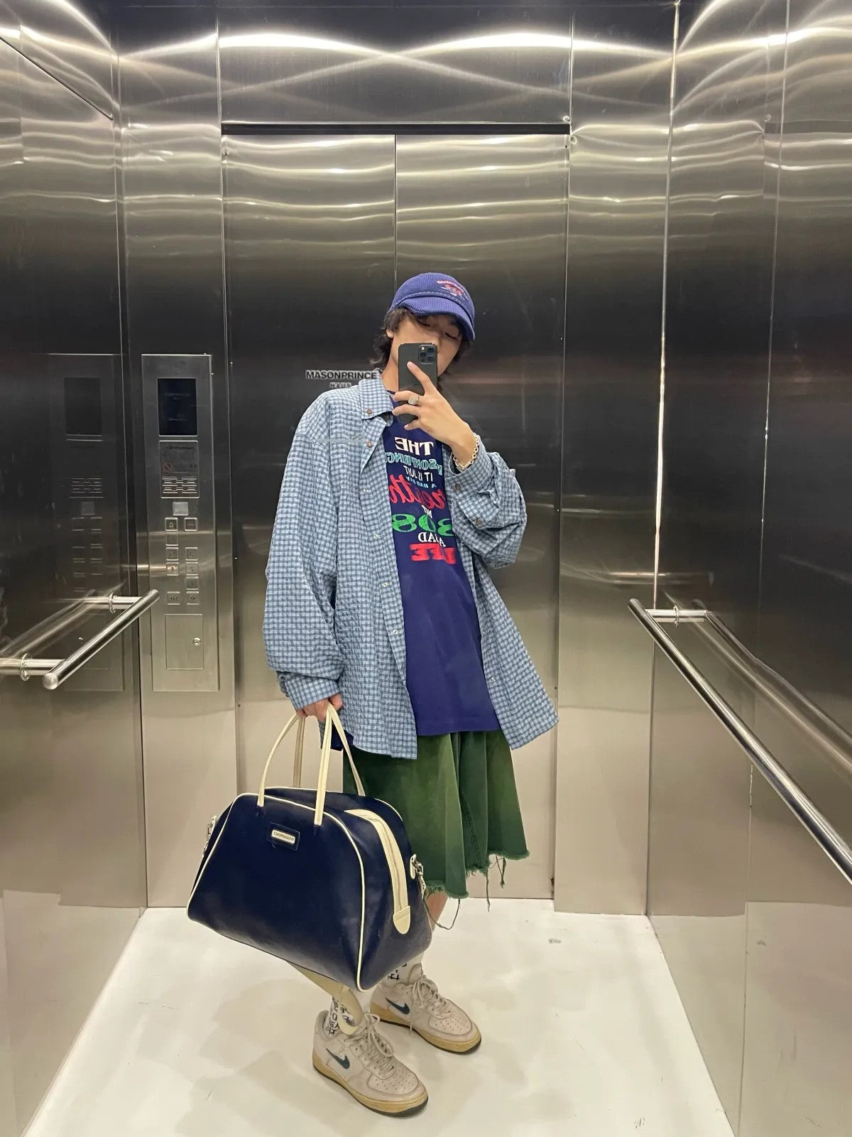 MASONPRINCE Oversized Plaid Shirt in Blue - On Model