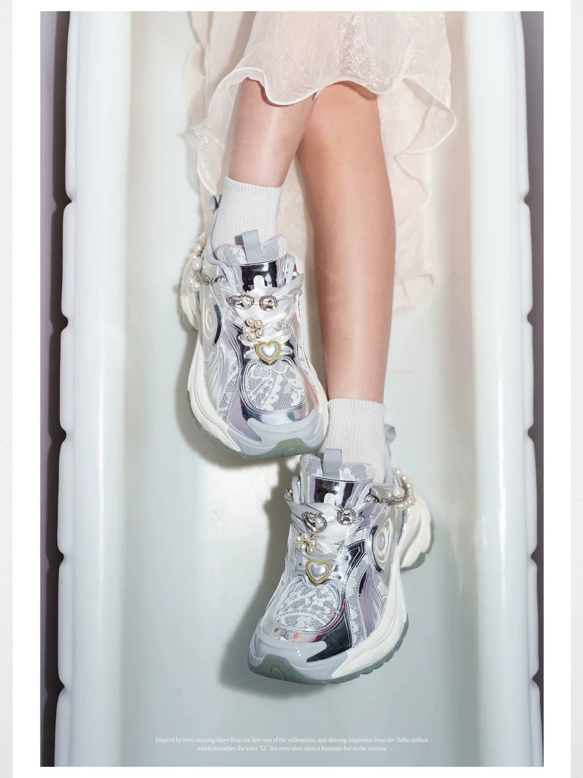 OLDORDER Metallic Pearl Chunky Sneakers in Silver - On Model