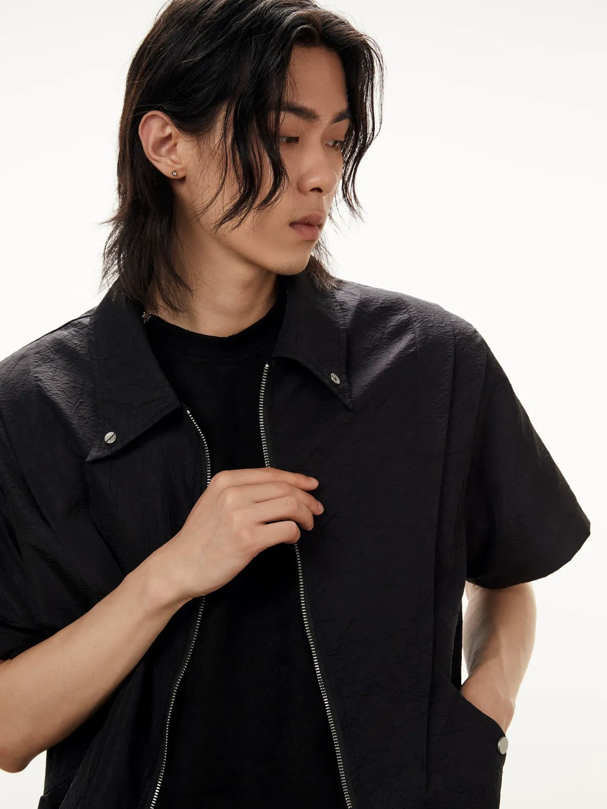 Y OFFICIAL Structural Nylon Zip Shirt in Black - On Model