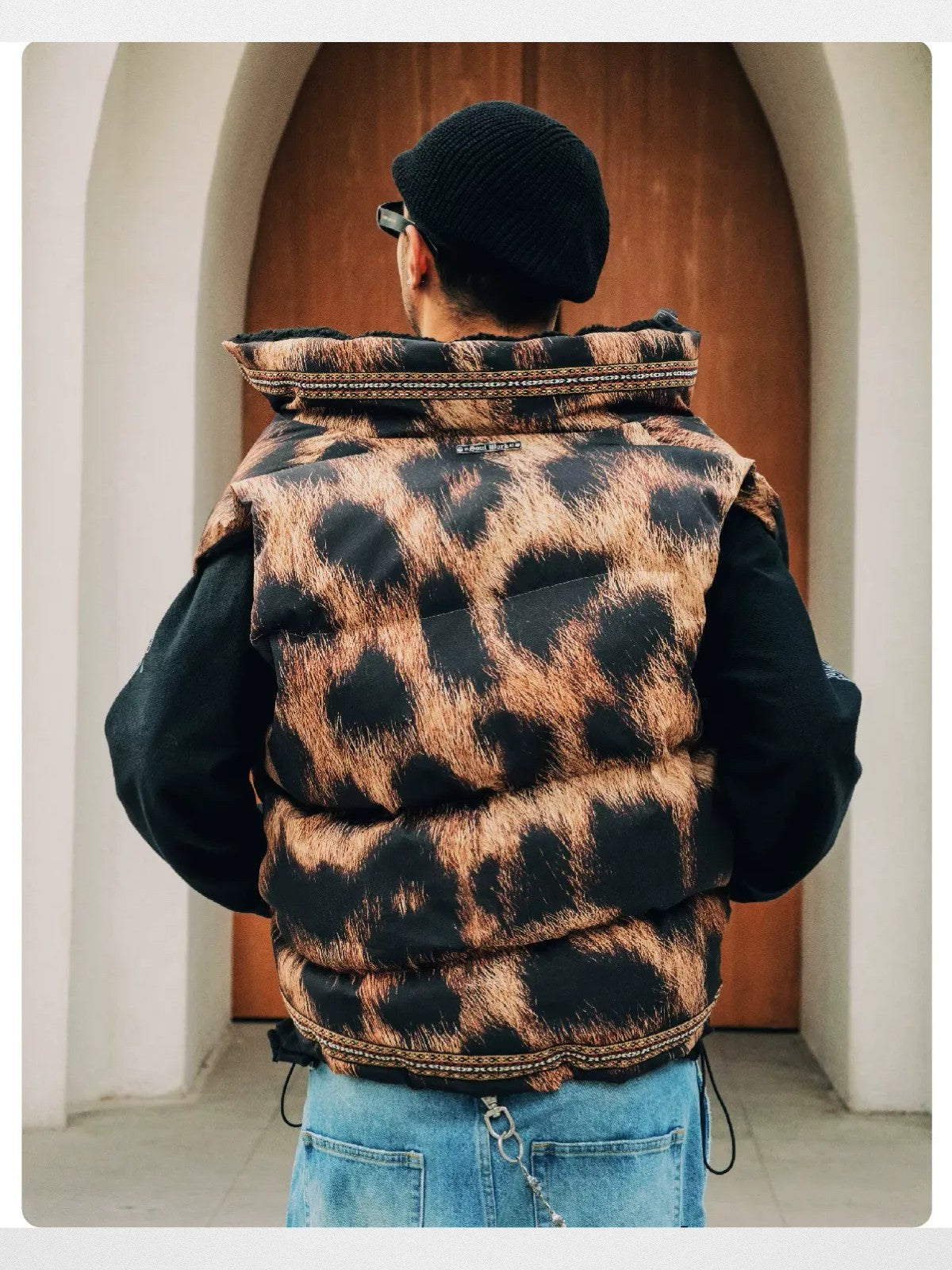 SWFI Far East Leopard Print Padded Vest in Brown - On Model