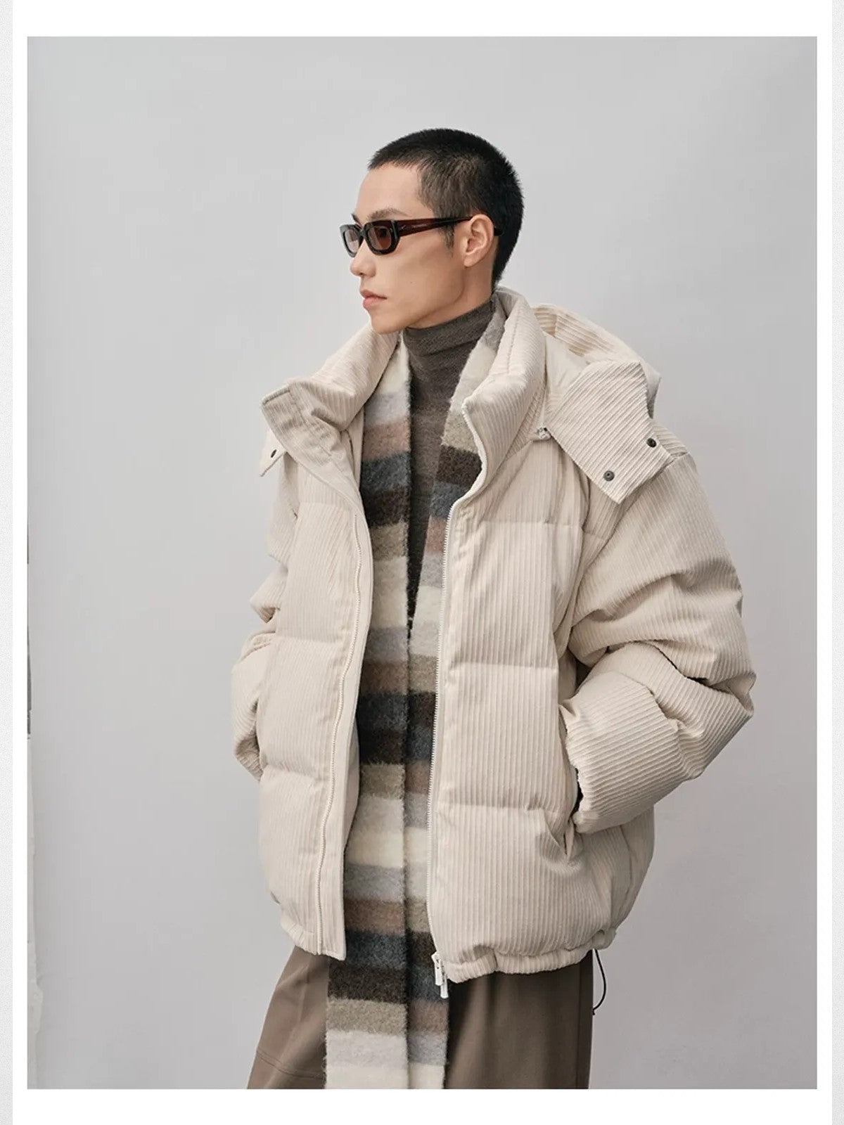 NANS Corduroy Texture Down Puffer Jacket in White - On Model
