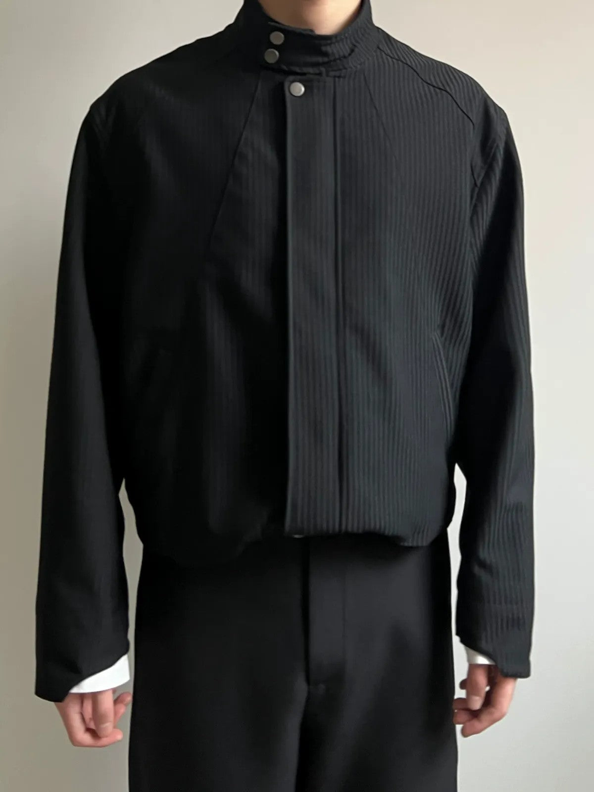 AFterTaste Two Tone Striped Harrington Jacket in Black - On Model
