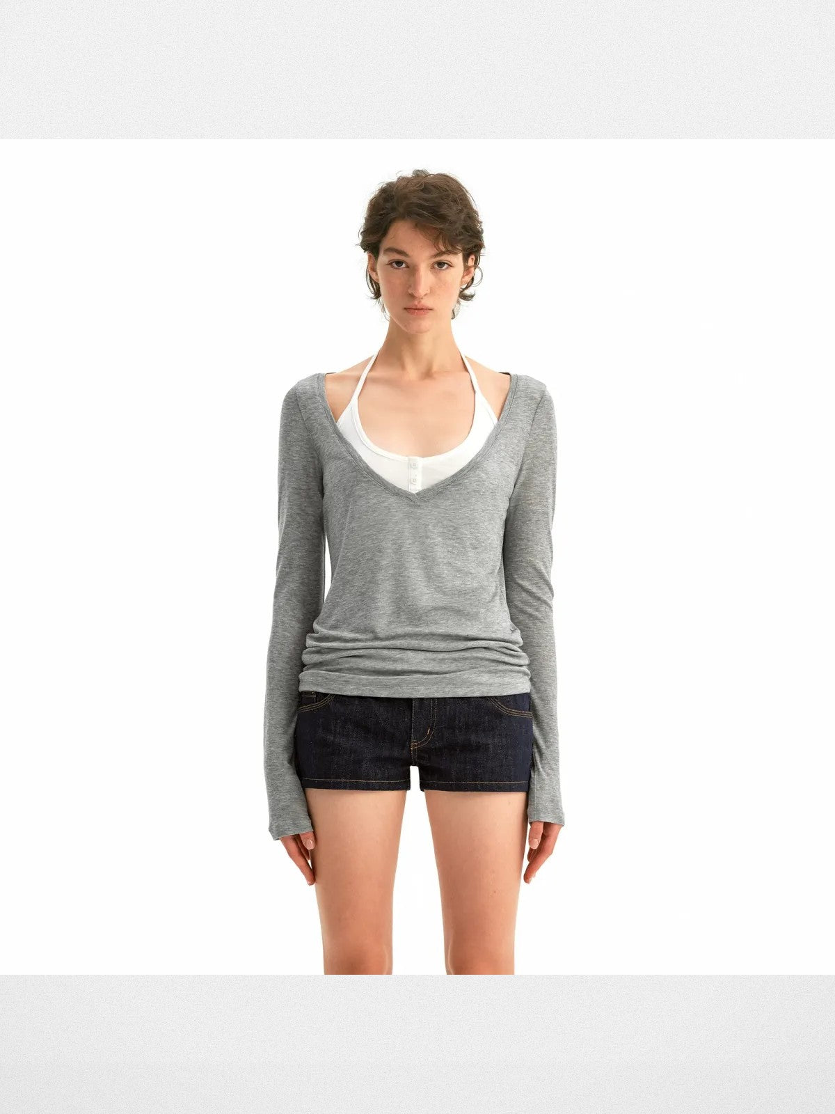 PUKI Mock Layered Striped Top in Gray - On Model