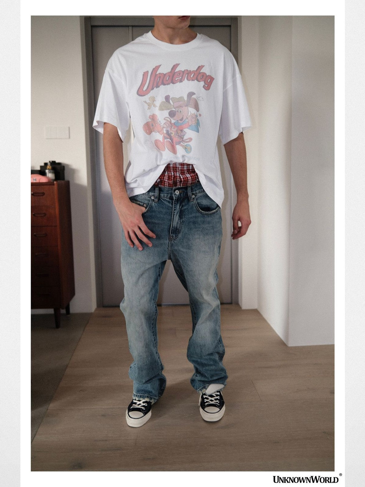 UNKNOWNWORLD Ice Blue Washed Micro Flare Jeans in Blue - On Model