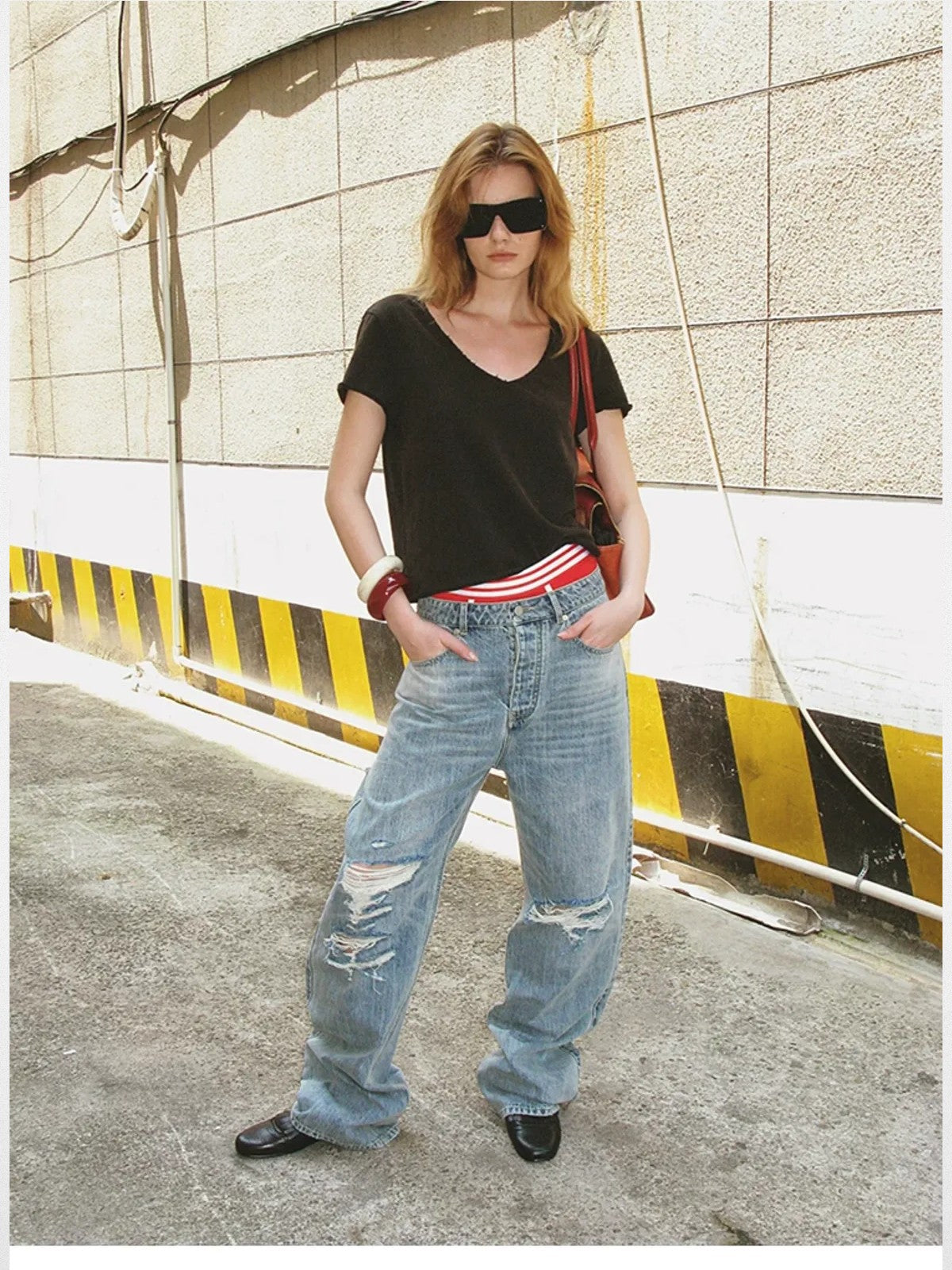 ACSENSE STUDIO Heavy Wash Distressed Straight Jeans in Denim - Lifestyle