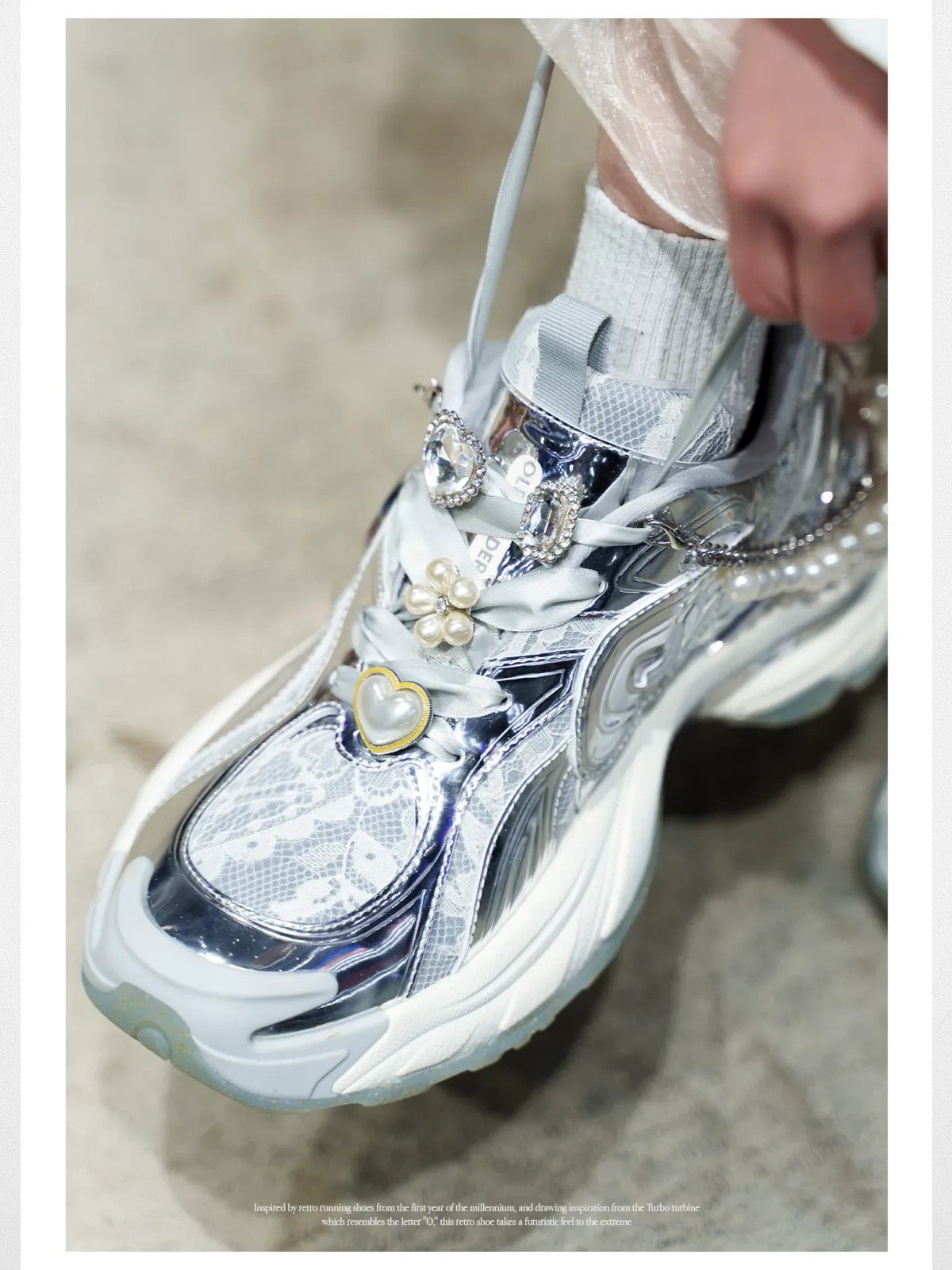 OLDORDER Metallic Pearl Chunky Sneakers in Silver - On Model
