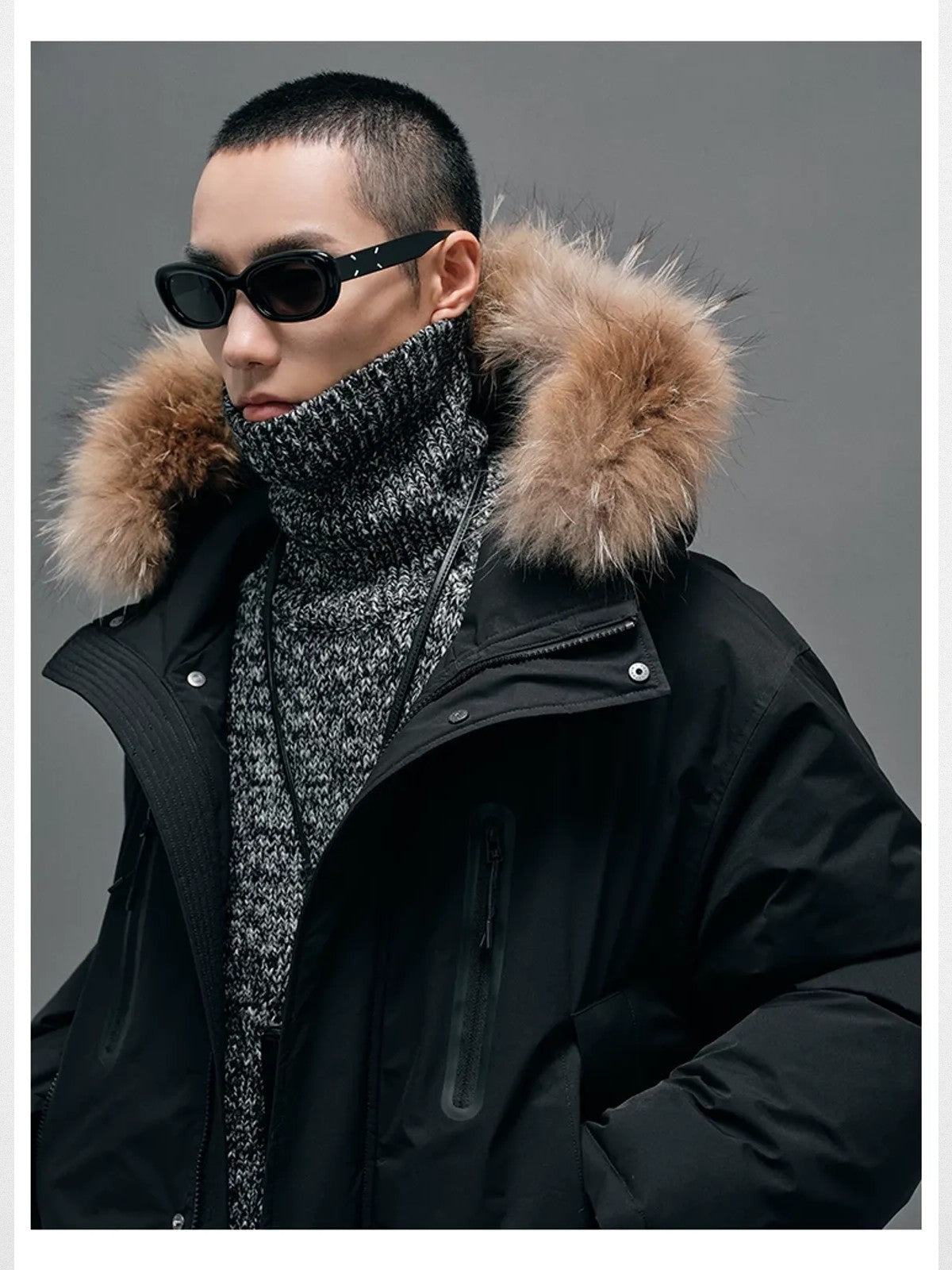 NANS Goose Down Parka with Fur Collar in Black - On Model