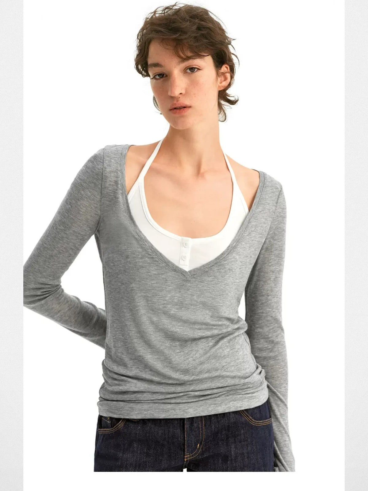 PUKI Mock Layered Striped Top in Gray - On Model