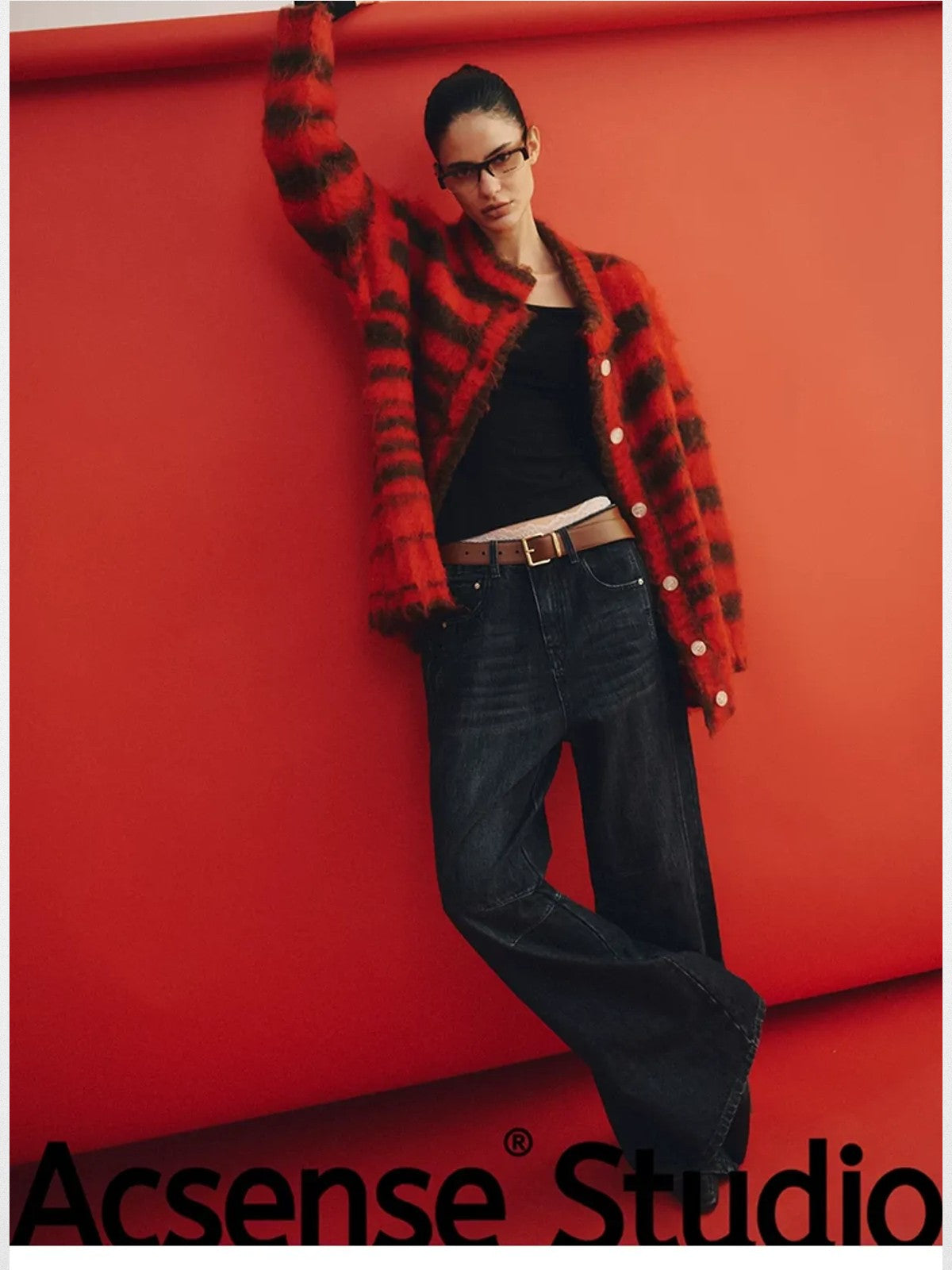 ACSENSE STUDIO Striped Brushed Mohair Blend Cardigan in Red - On Model