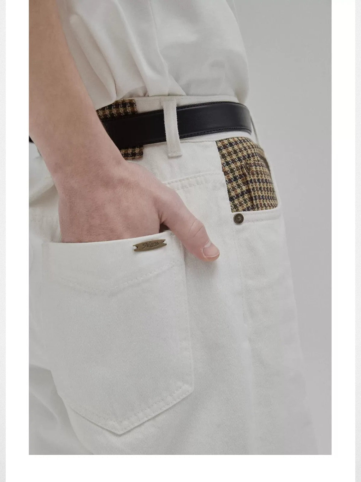 NANS 12oz Plaid Patchwork Straight Jeans in White - On Model