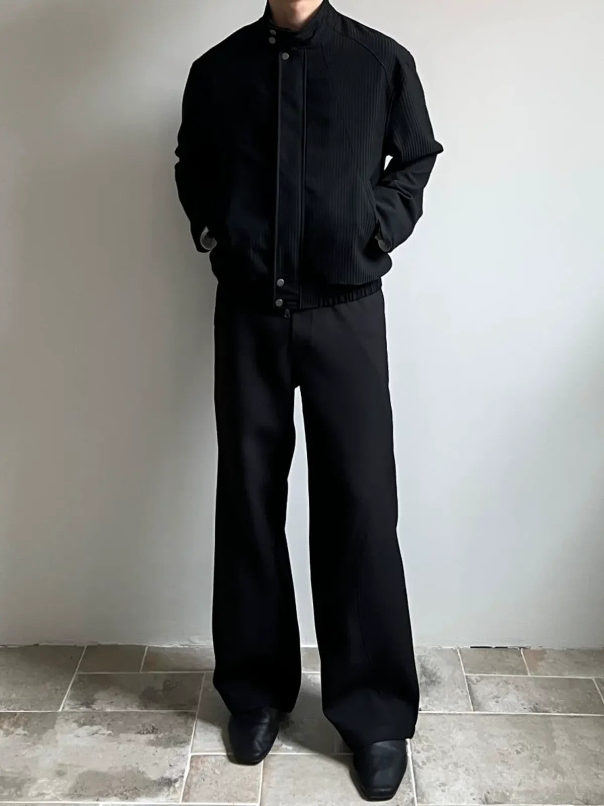 AFterTaste Two Tone Striped Harrington Jacket in Black - On Model