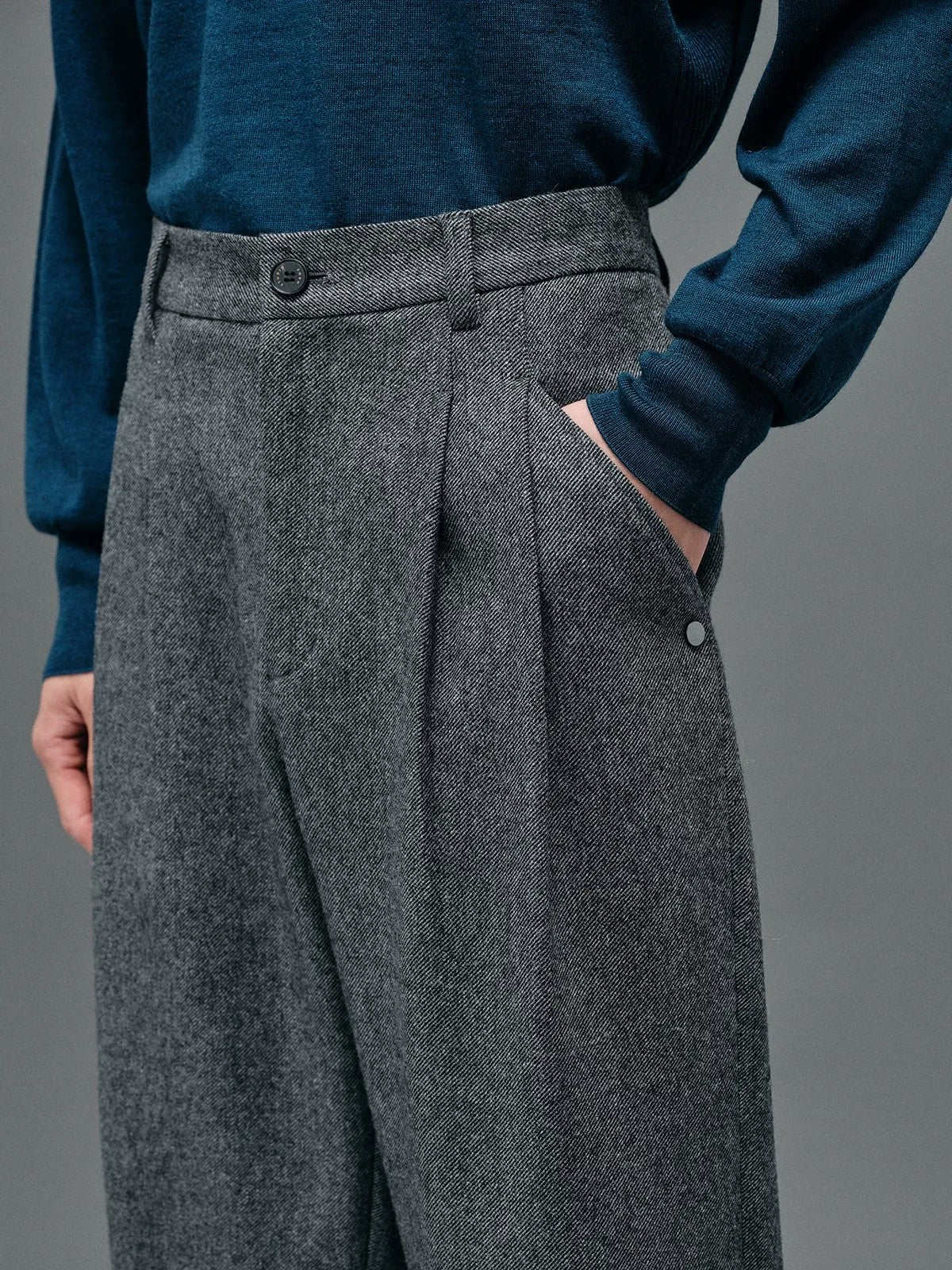 NANS Double Pleated Wool Blend Trousers in Gray - On Model