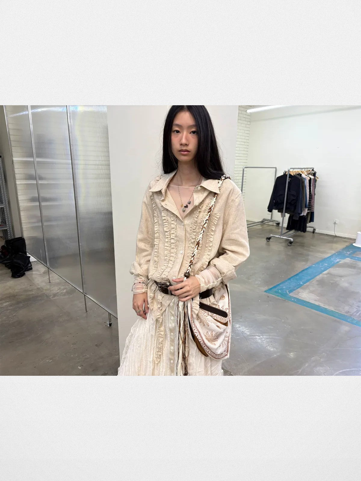 NeverSeez Lyocell Linen Fringe Shirt in Gray - On Model