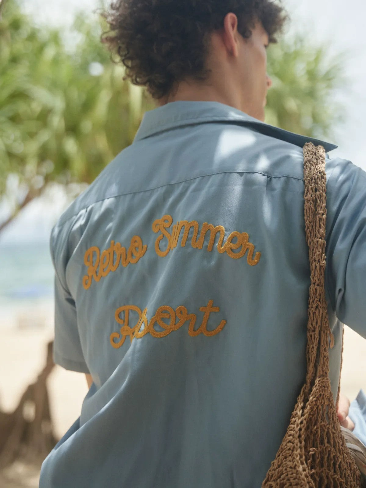 Retro 21 Chenille Embroidered Camp Collar Shirt in Blue - On Model