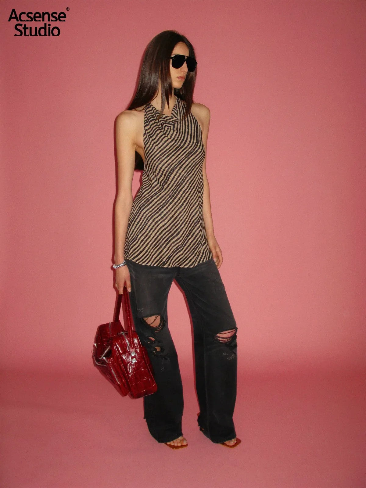 ACSENSE STUDIO Heavy Wash Distressed Straight Jeans in Black - On Model