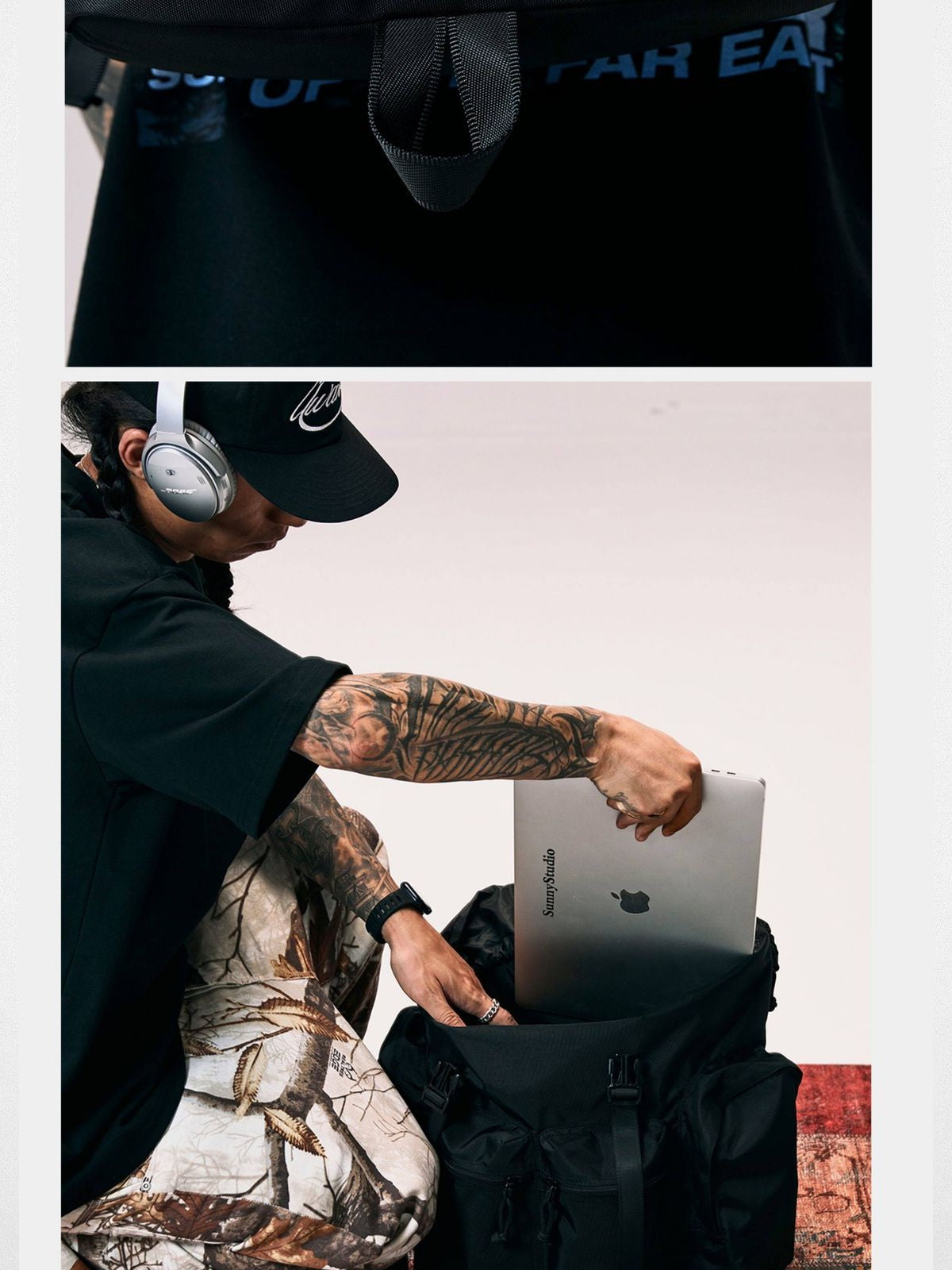 SWFI Far East Large Nylon Drawstring Backpack in Black - On Model