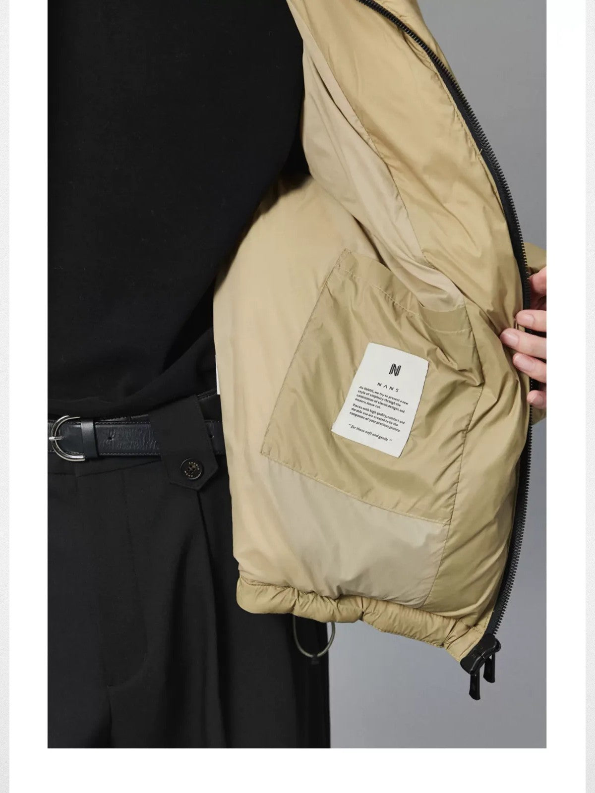 NANS Heavyweight Nylon Down Puffer in Beige - On Model