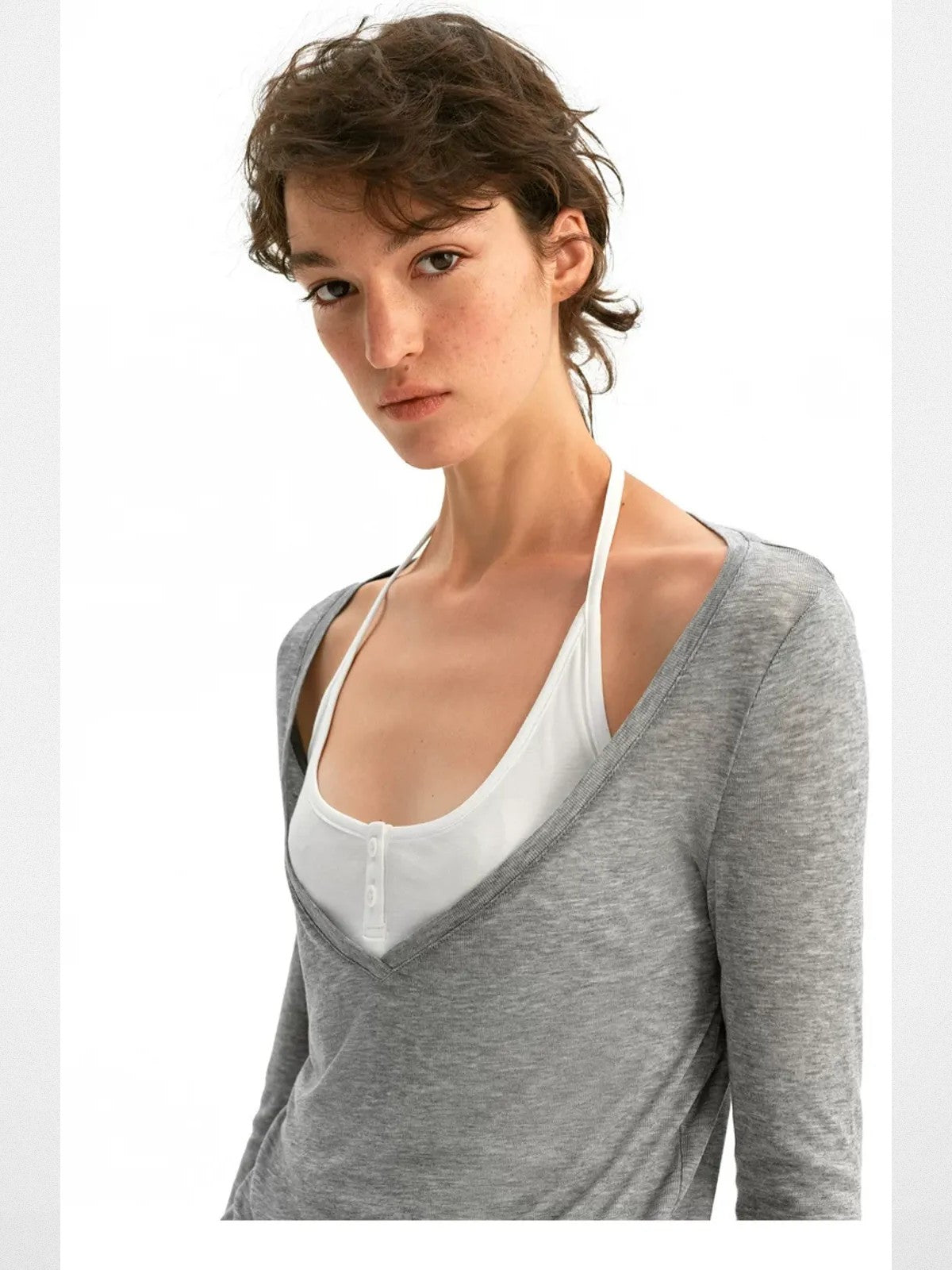 PUKI Mock Layered Striped Top in Gray - On Model