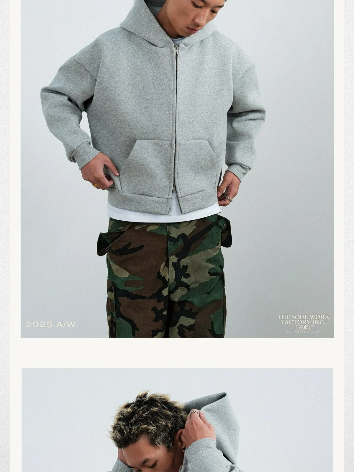 SWFI Far East 600g Heavyweight Cotton Zip Hoodie in Gray - On Model