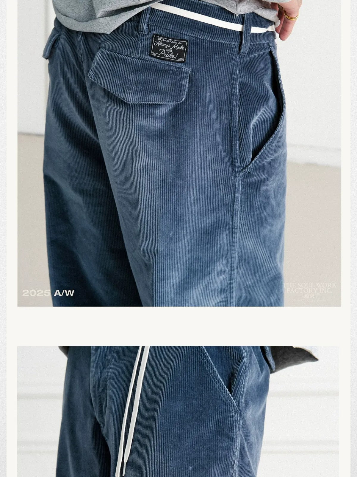 SWFI Far East Distressed Blue Corduroy Work Pants in Blue - On Model