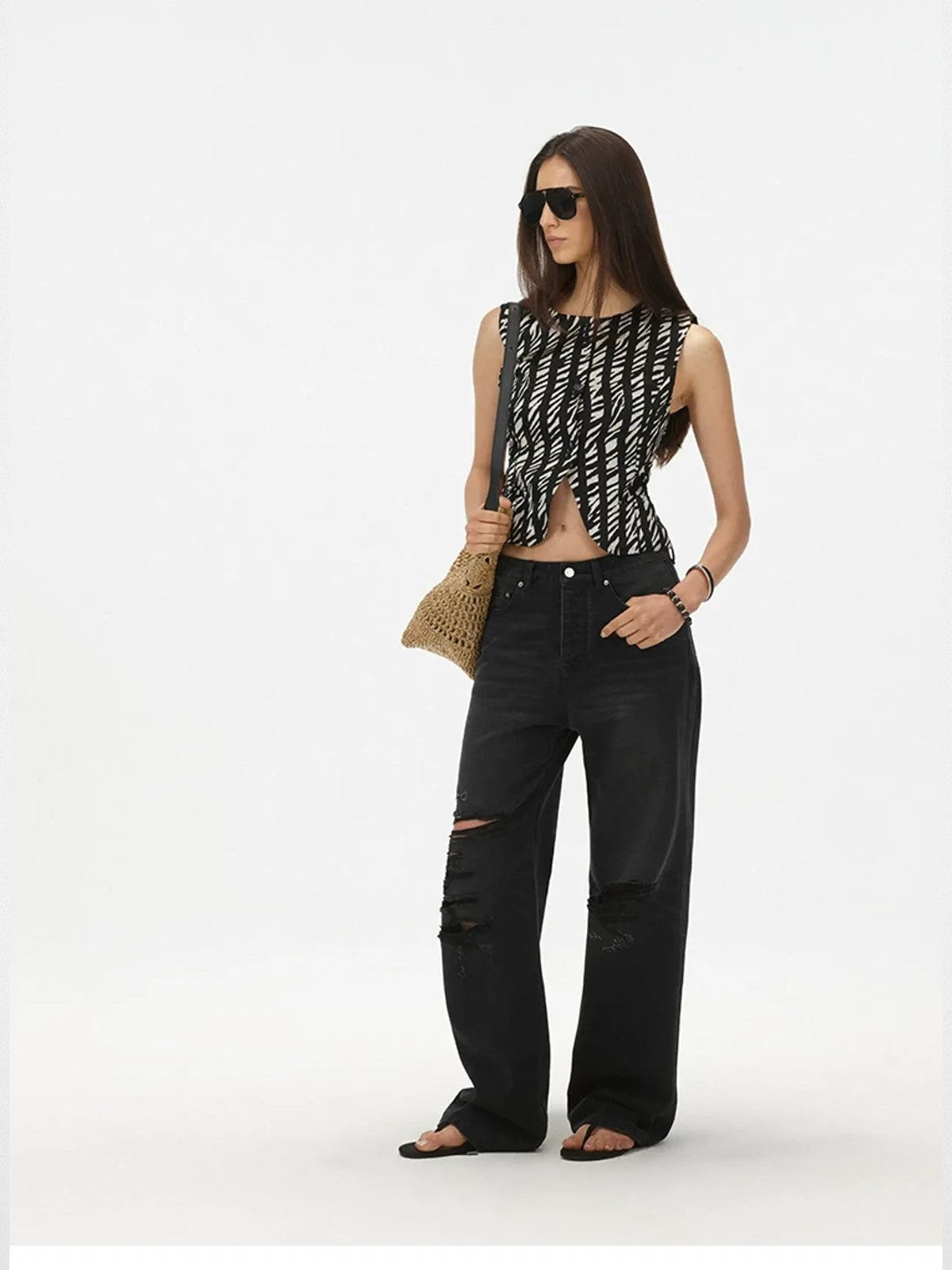 ACSENSE STUDIO Heavy Wash Distressed Straight Jeans in Black - On Model