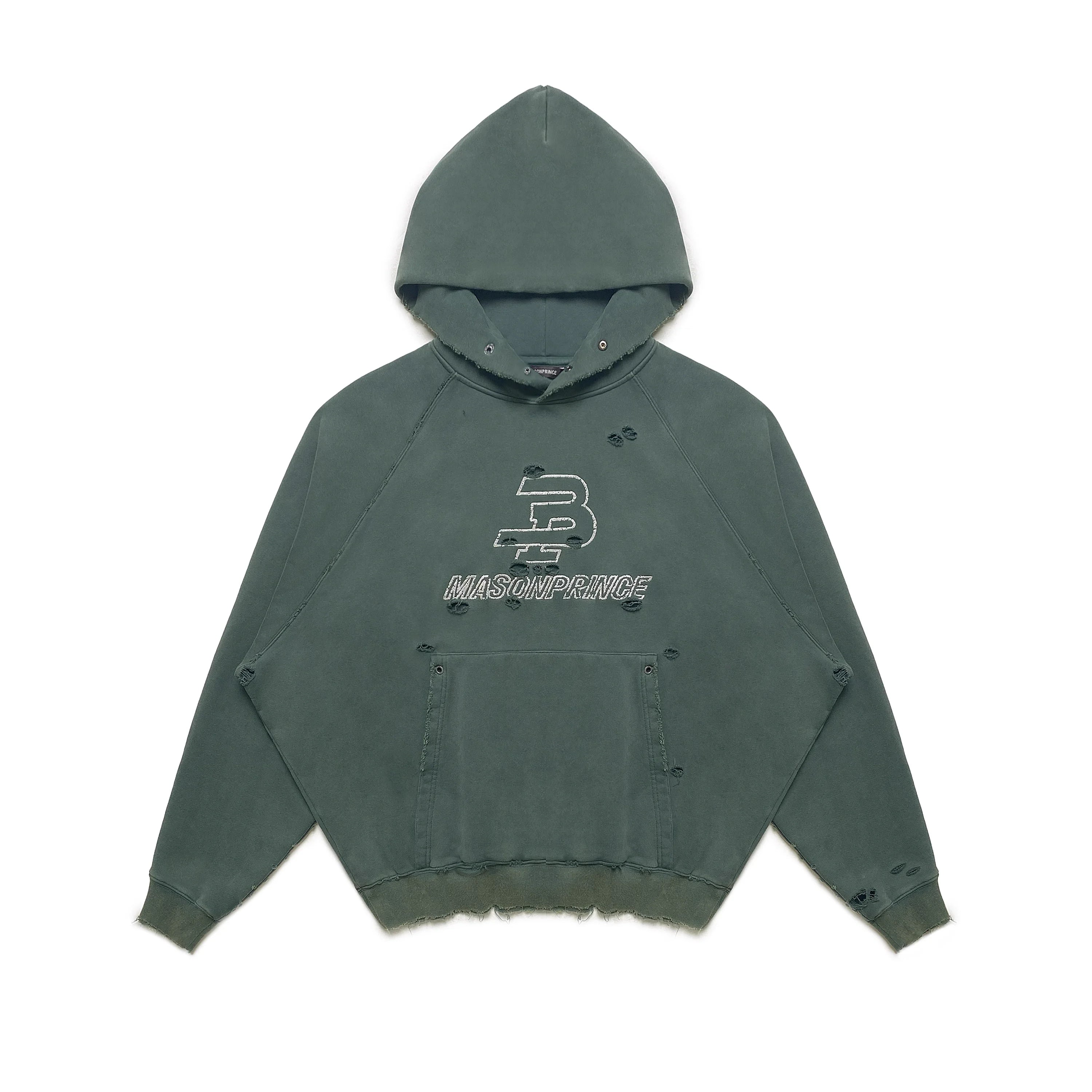 MASONPRINCE Retro Embroidered Distressed Hooded Sweatshirt