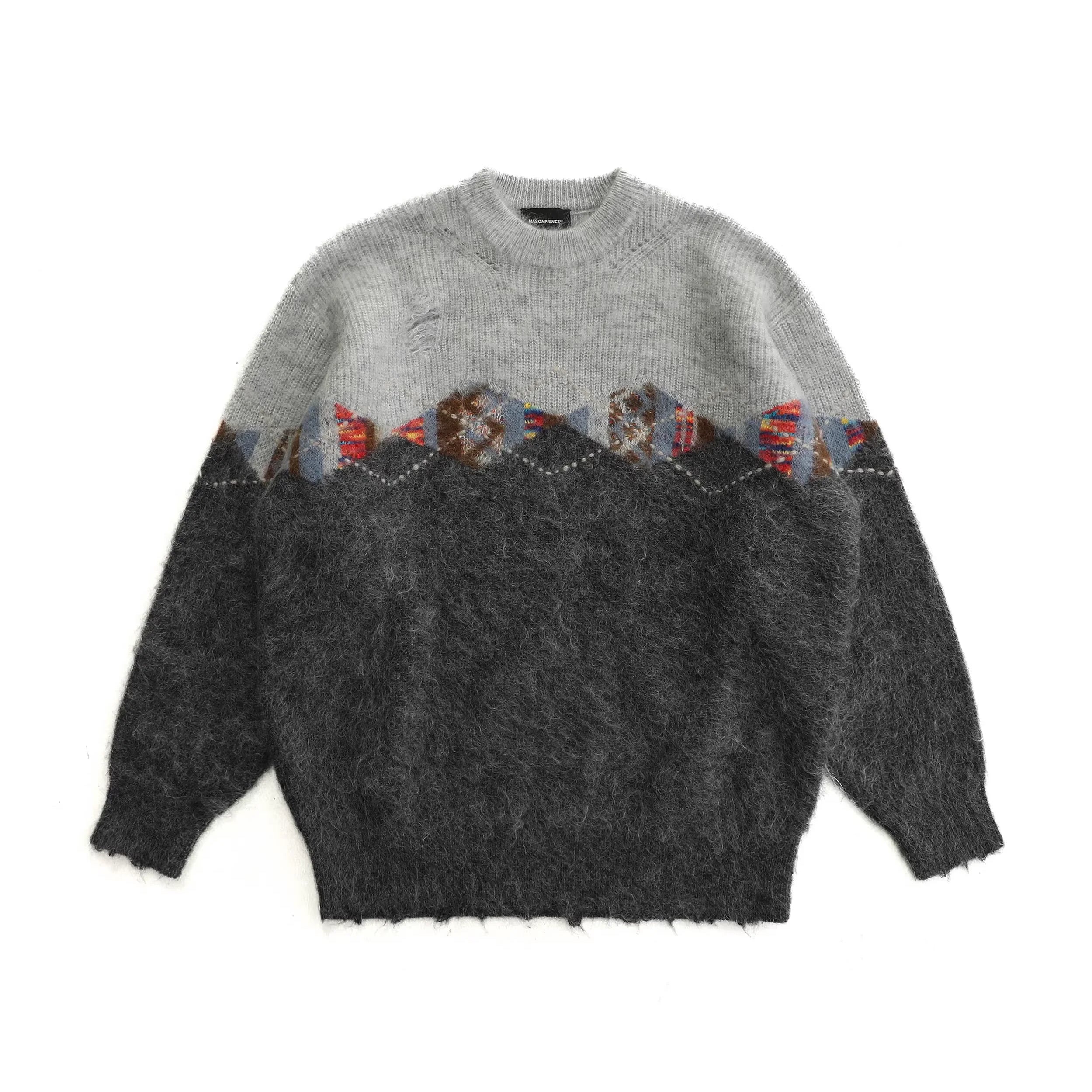 MASONPRINCE Gradient Knit Fleece Sweater with Mountain Pattern