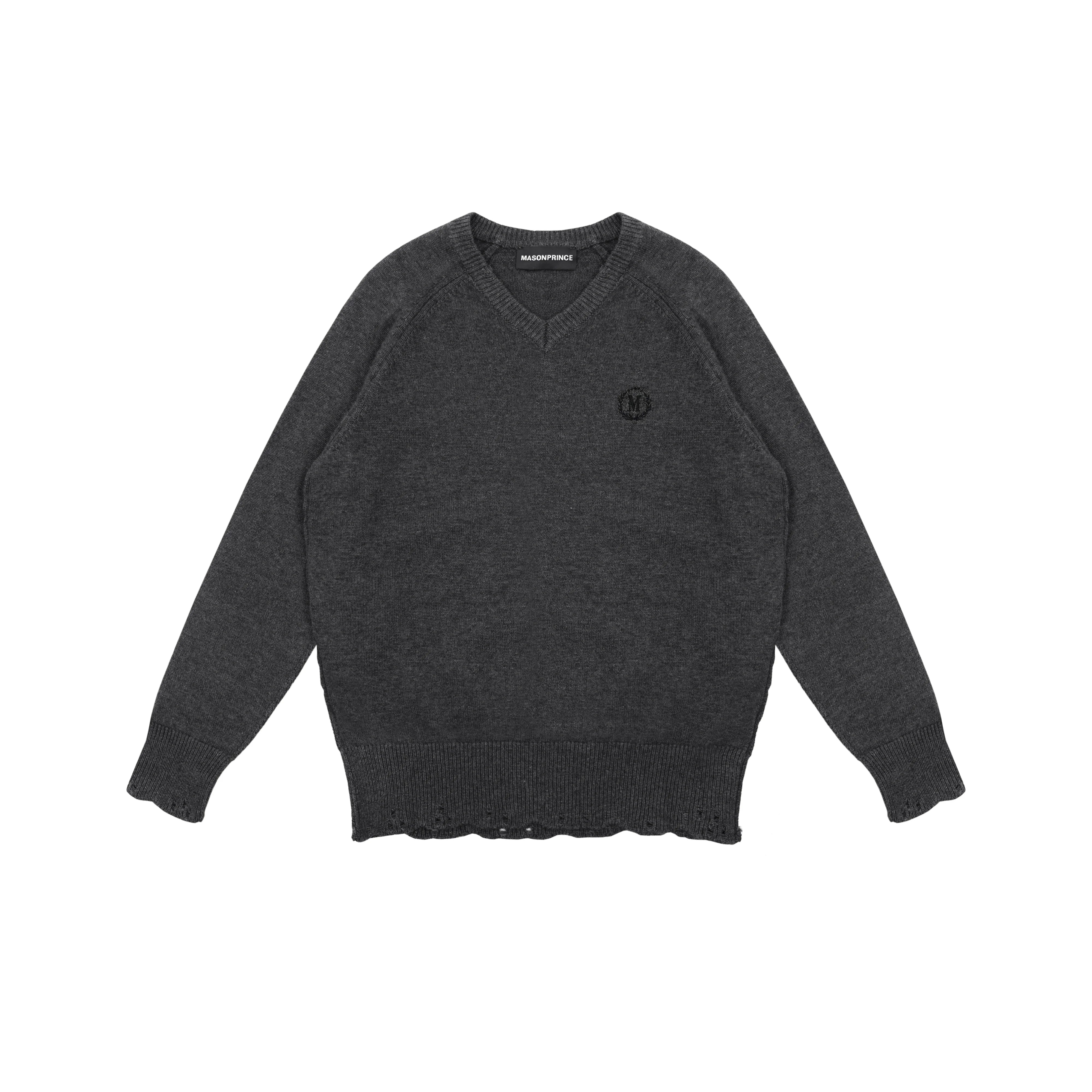 MASONPRINCE Men's Wool V-Neck Distressed Sweater