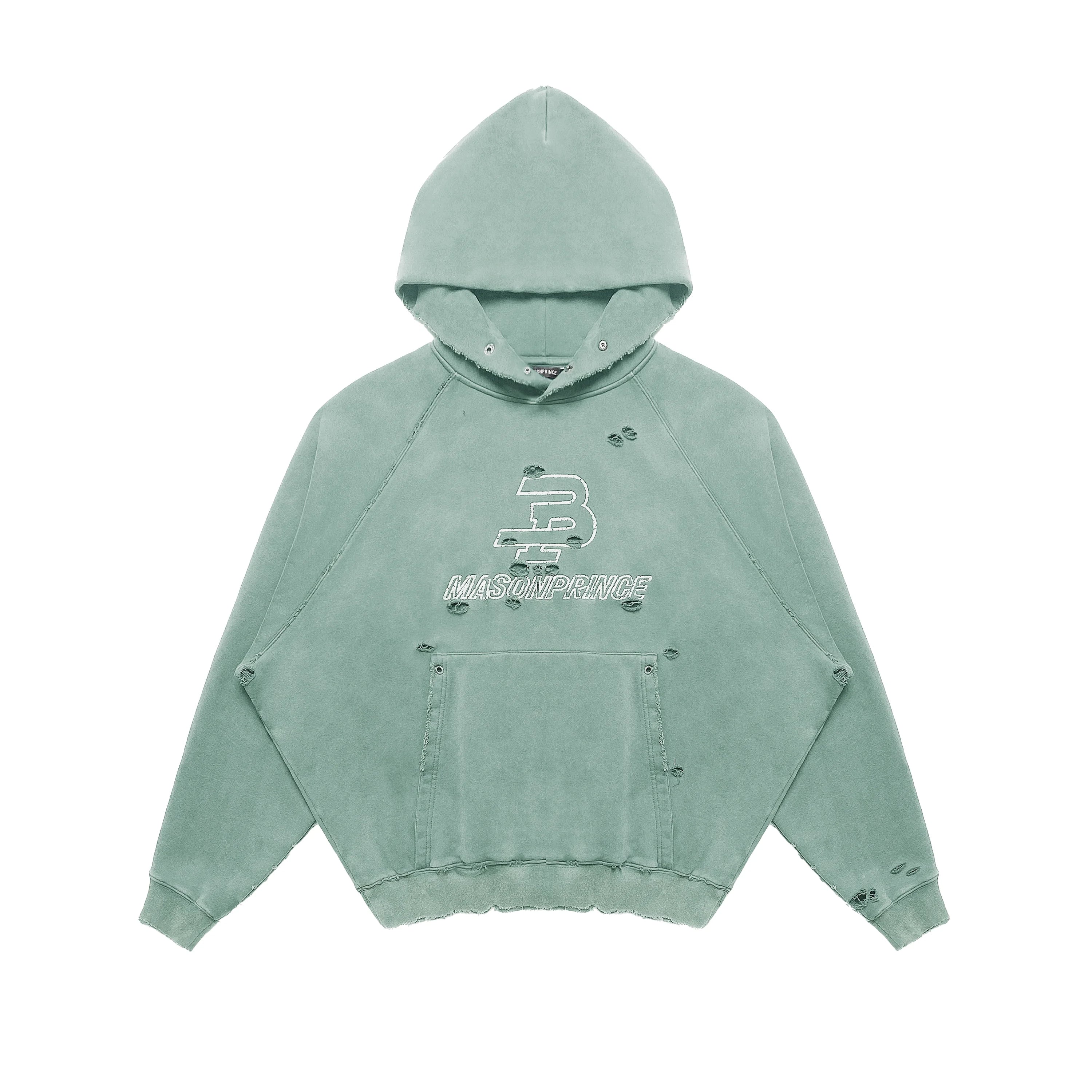 MASONPRINCE Retro Embroidered Distressed Hooded Sweatshirt