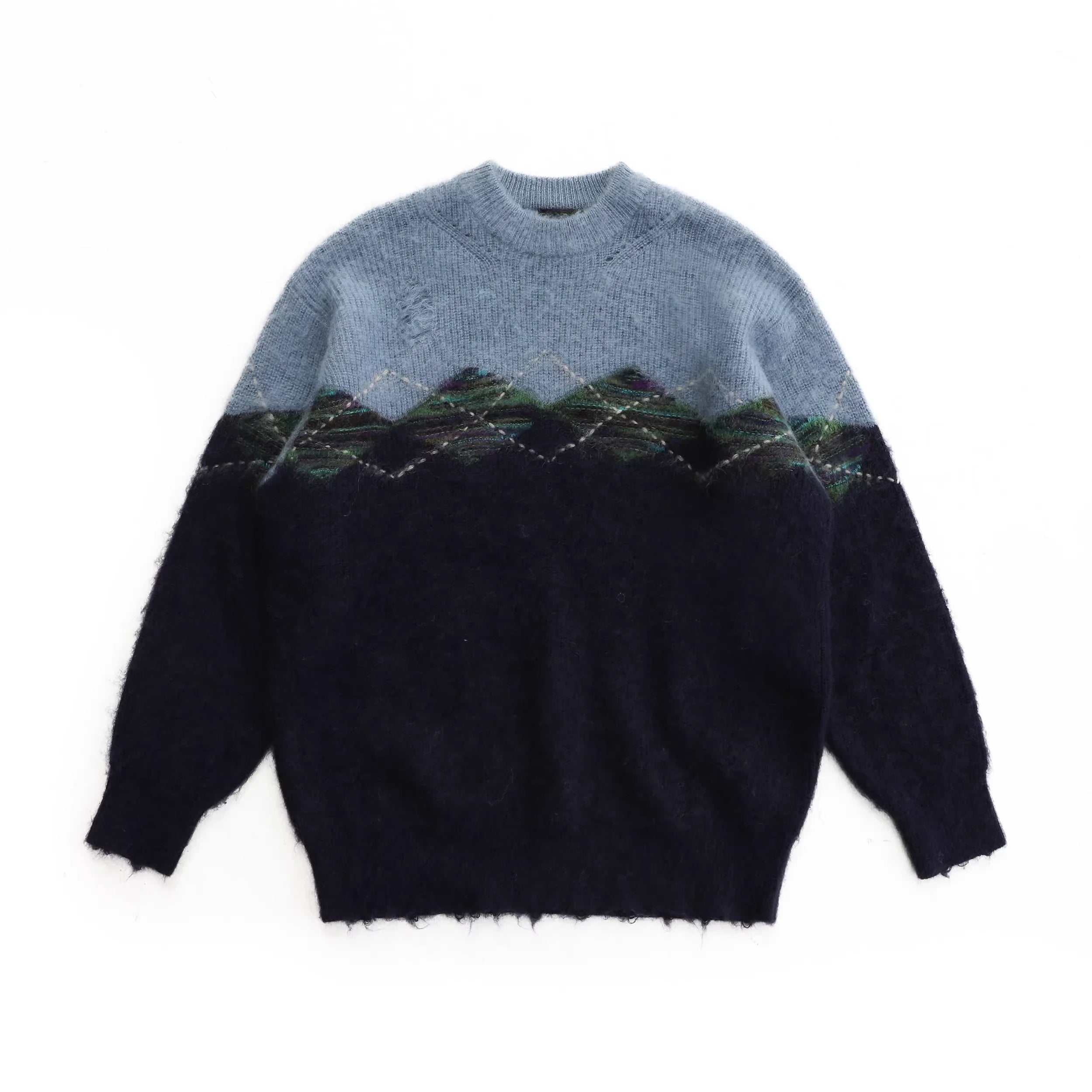 MASONPRINCE Gradient Knit Fleece Sweater with Mountain Pattern