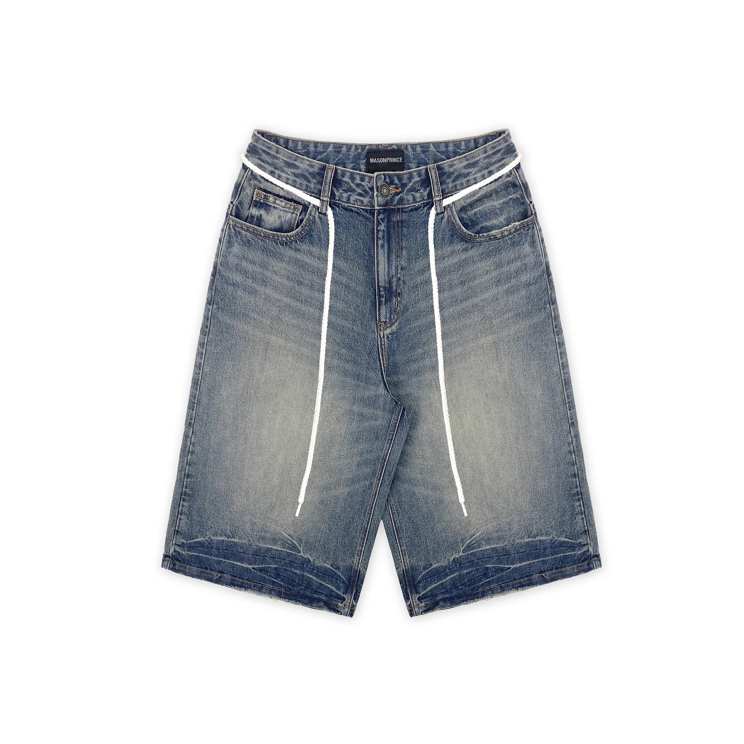 MASONPRINCE Men's Retro Cropped Denim Shorts with Drawstring Waist