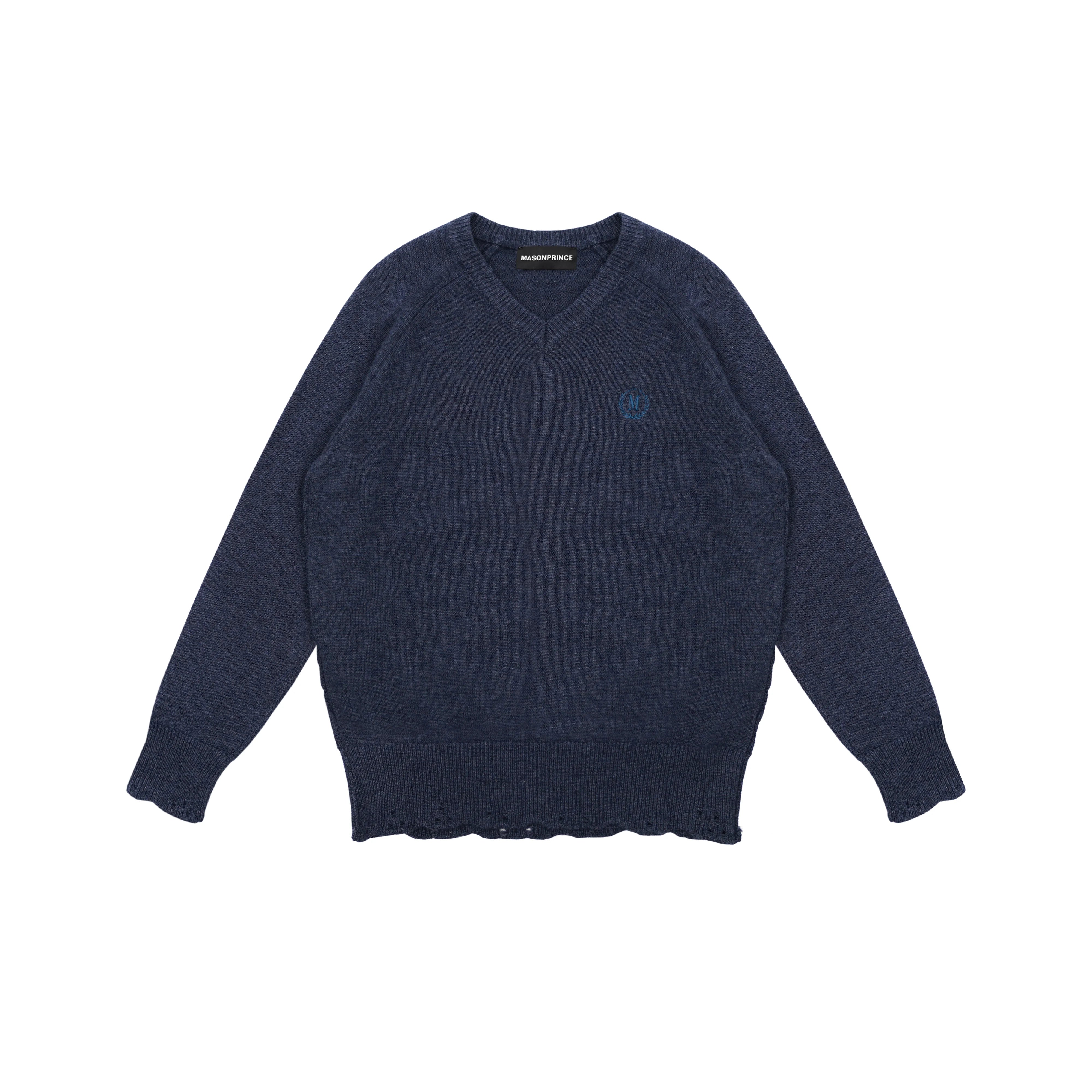 MASONPRINCE Men's Wool V-Neck Distressed Sweater