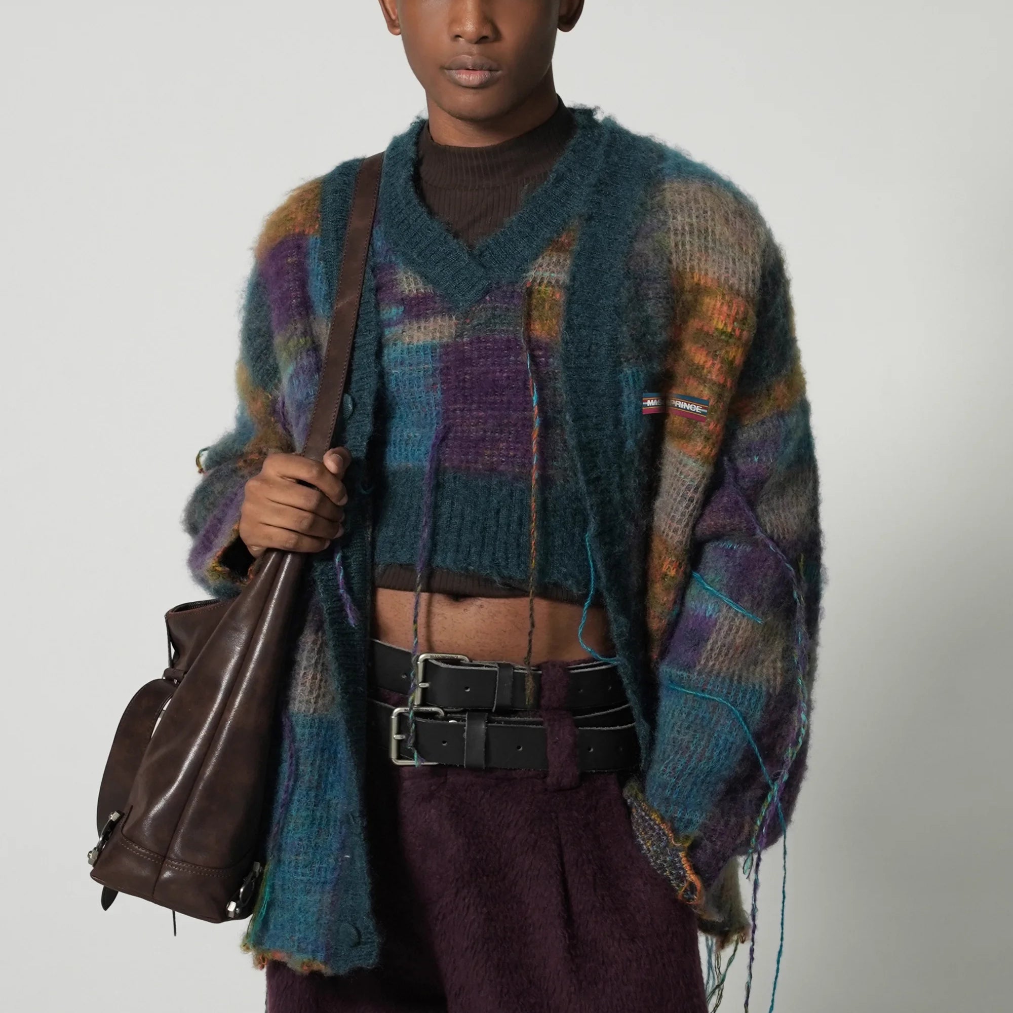 MASONPRINCE Men's Mohair Blend Checkered Tassel Cardigan Sweater Jacket