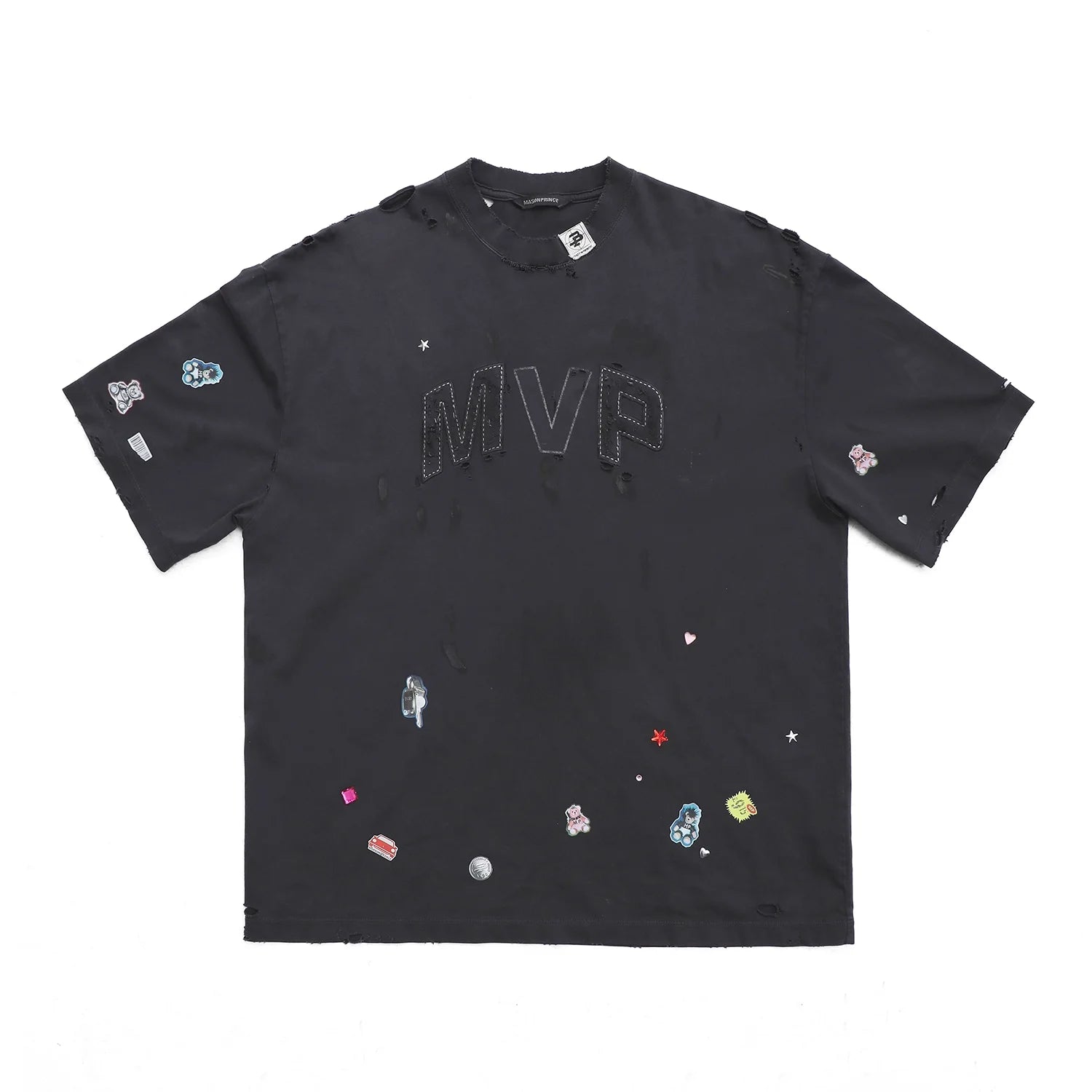 MASONPRINCE Men's Distressed Cartoon Patch Oversized T-Shirt