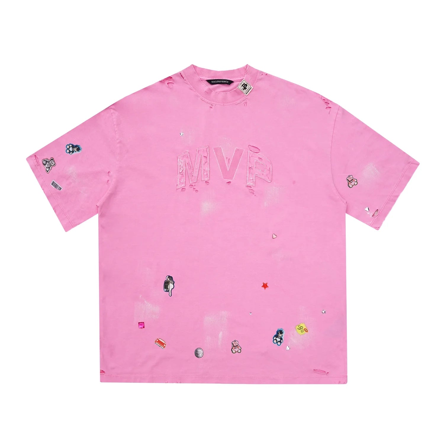 MASONPRINCE Men's Distressed Cartoon Patch Oversized T-Shirt