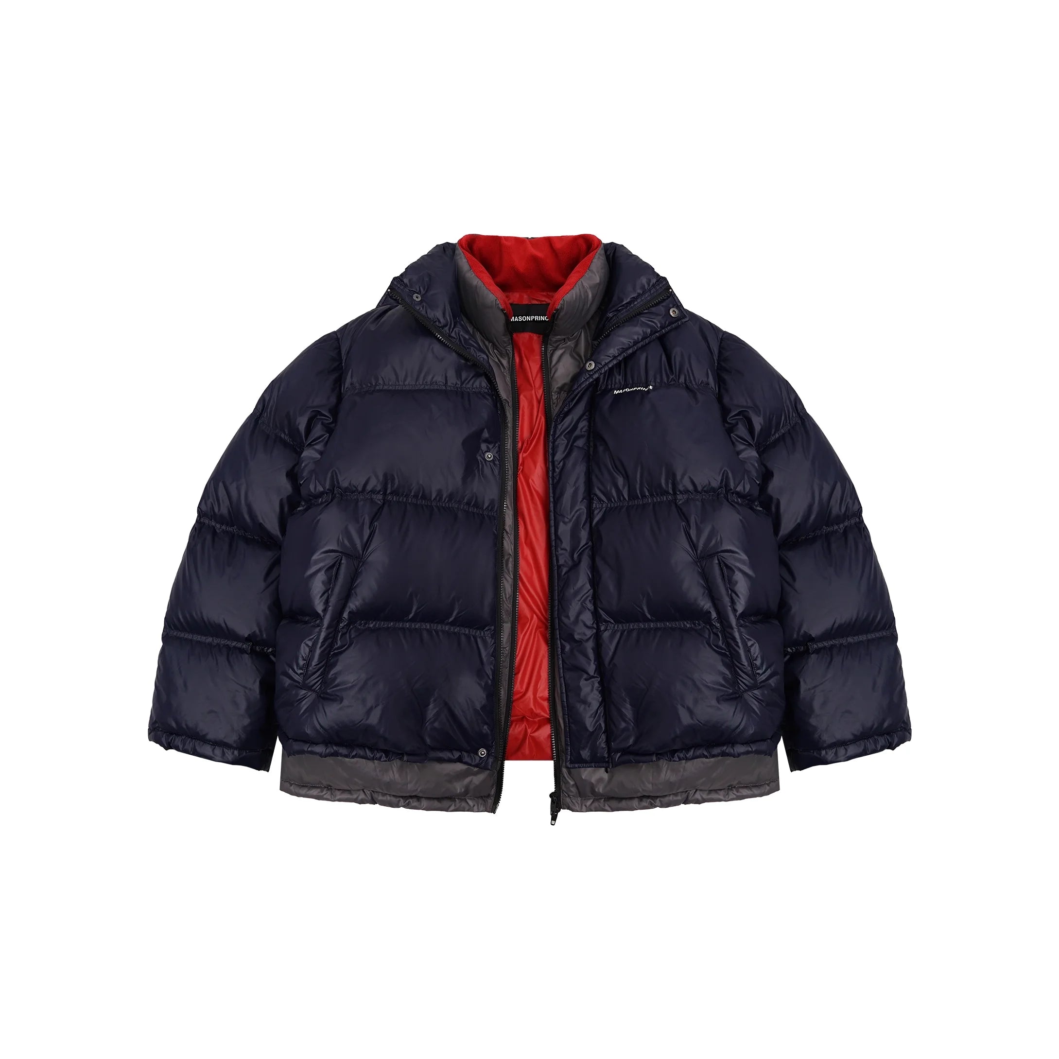 MASONPRINCE Two-Piece Colorblock Down Jacket with 'Mom's Afraid I'm Cold' Design
