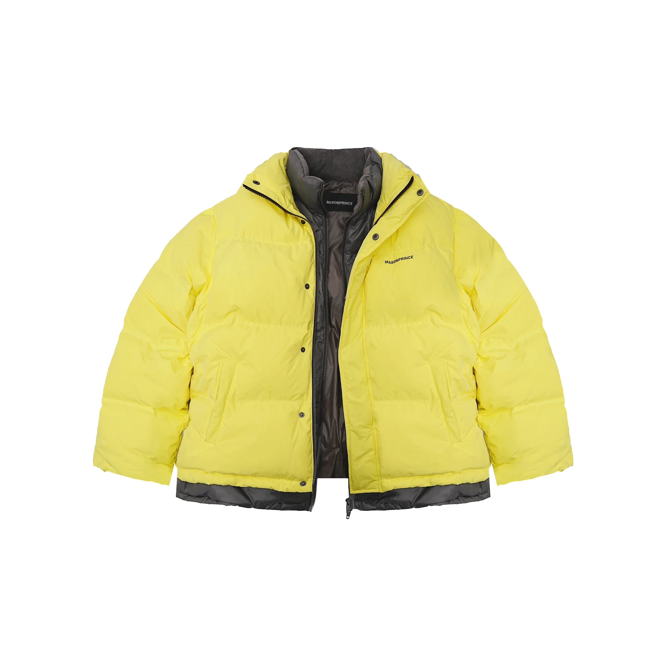 MASONPRINCE Two-Piece Colorblock Down Jacket with 'Mom's Afraid I'm Cold' Design