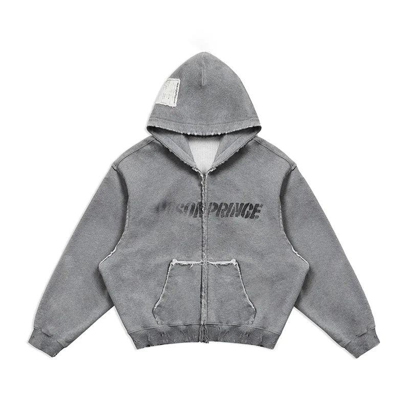 MASONPRINCE Handmade Graffiti Print Thick Terry Zip Hoodie