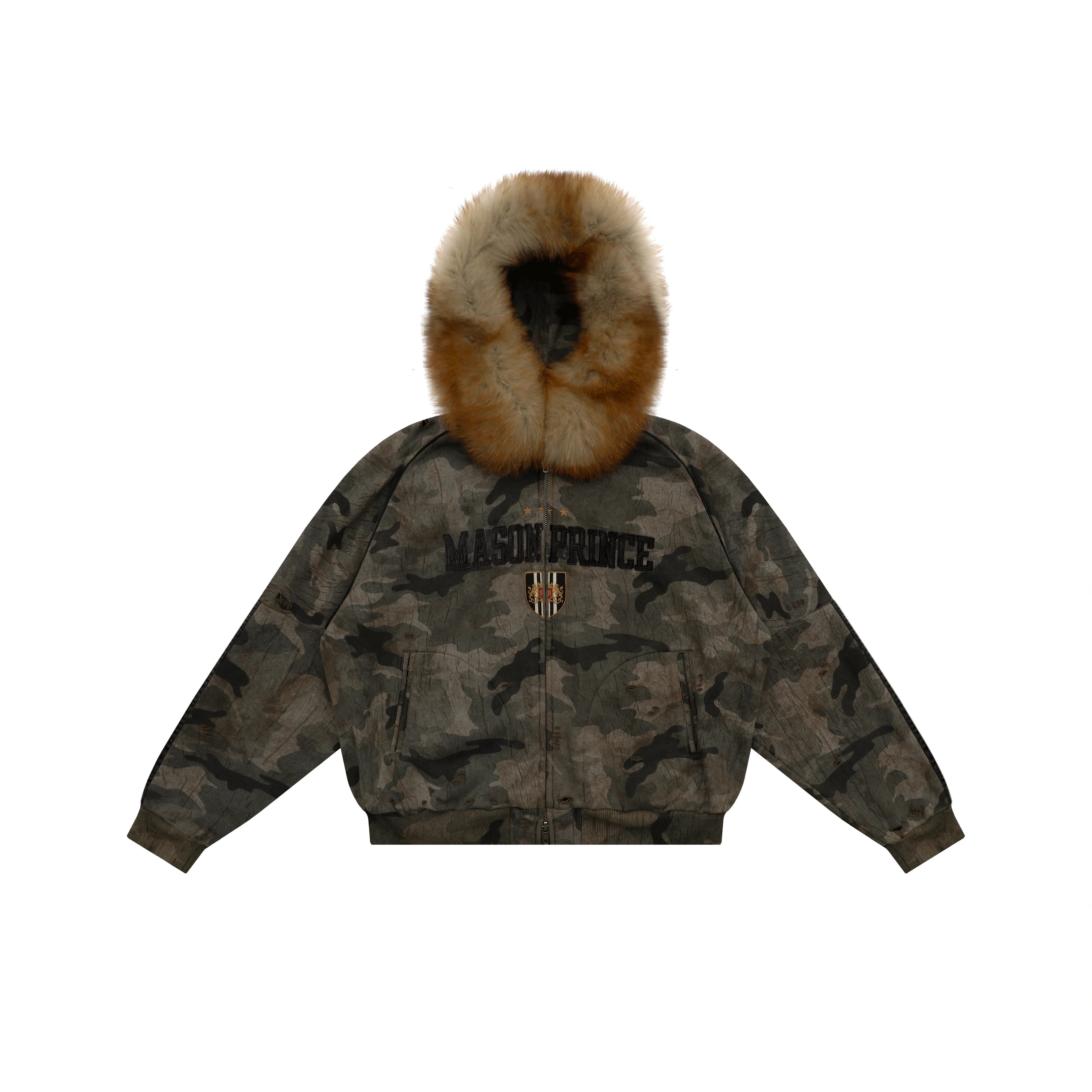 MASONPRINCE Camouflage Puffer Jacket and Pants Set with Fur Hood
