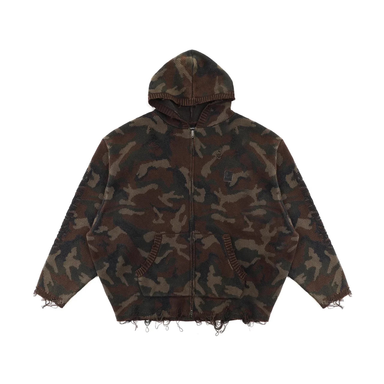 MASONPRINCE Men's Double-Layer Camouflage Knit Distressed Zip Hoodie