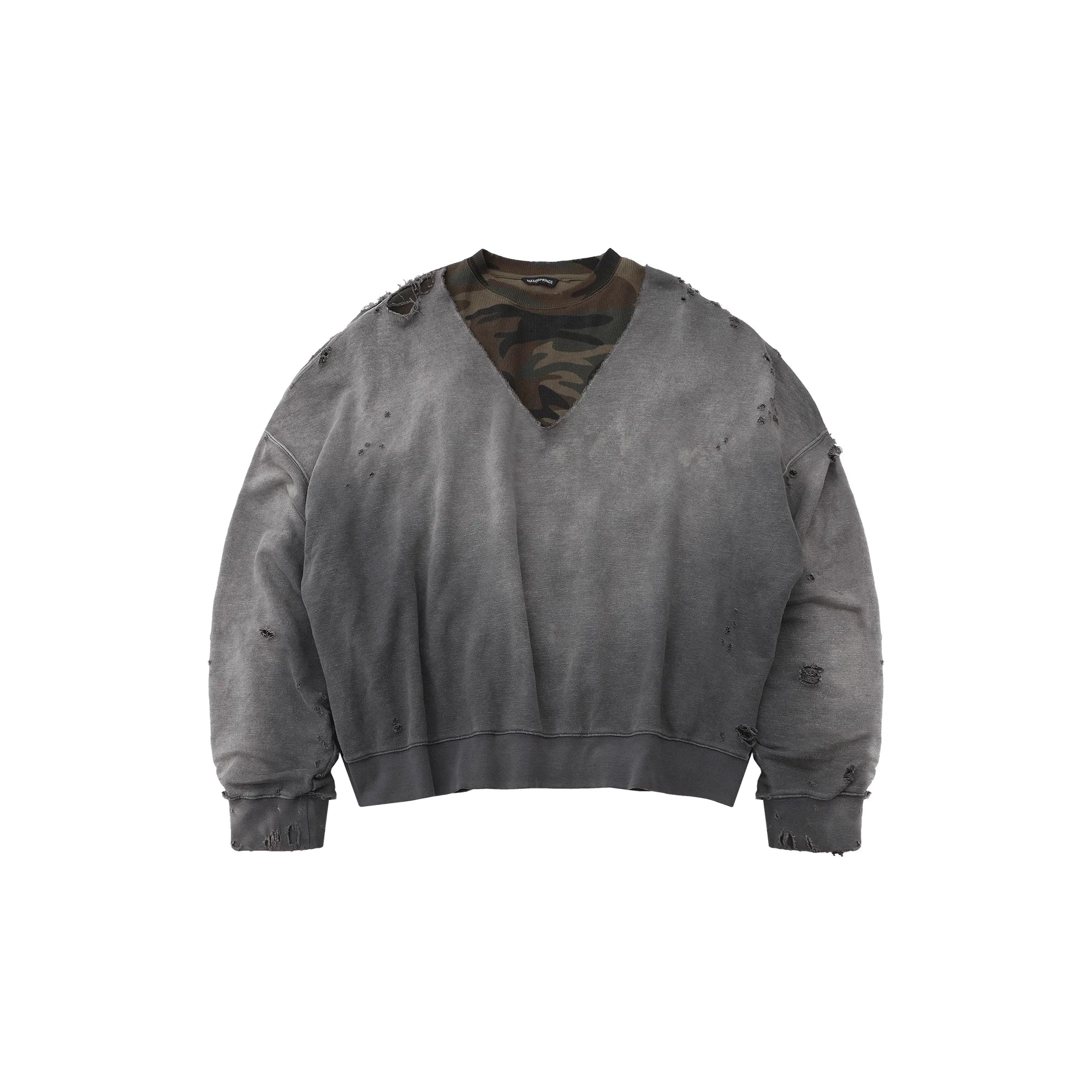 MASONPRINCE Distressed Layered Camouflage Knit Sweatshirt