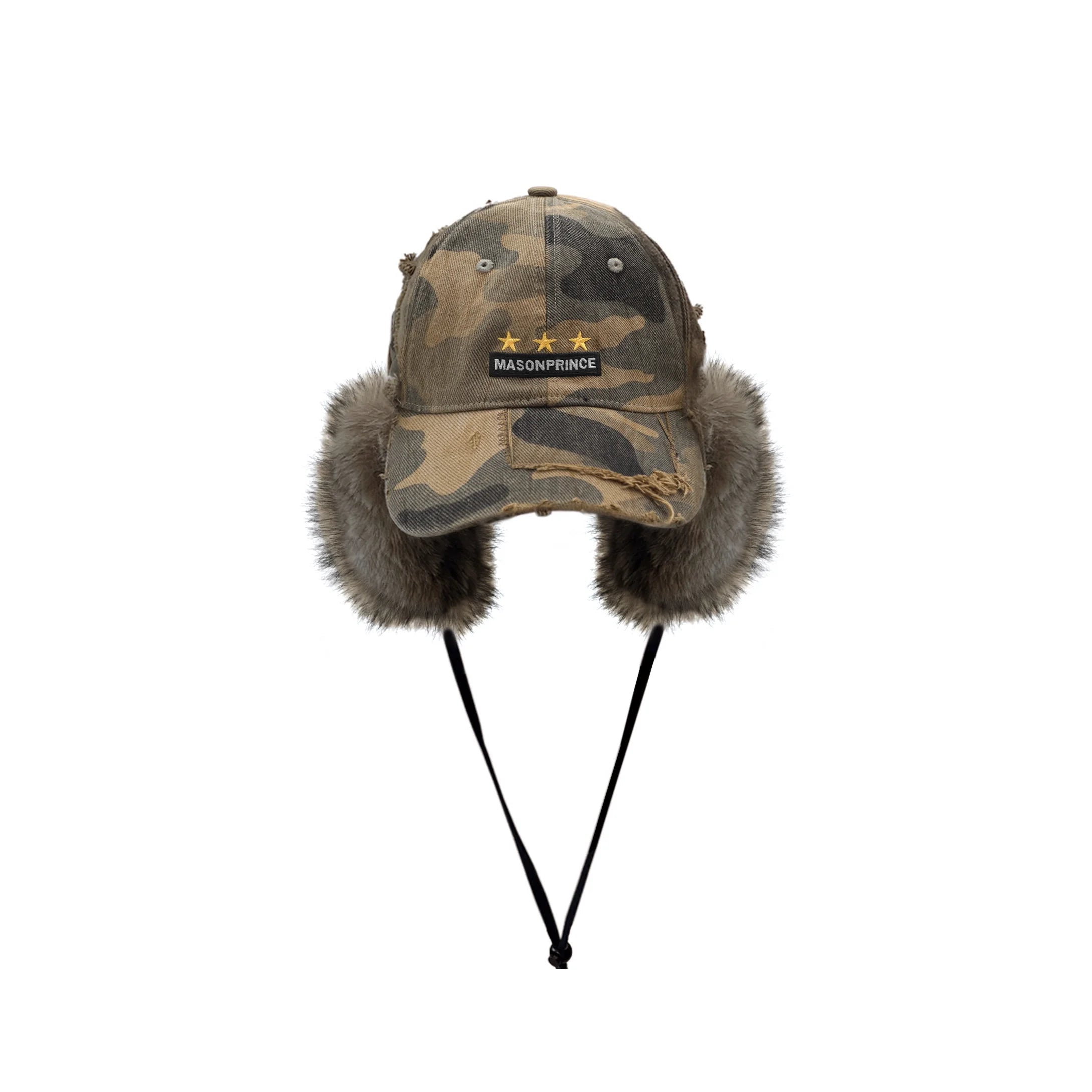 MASONPRINCE Distressed Camouflage Aviator Cap with Faux Fur Earmuffs