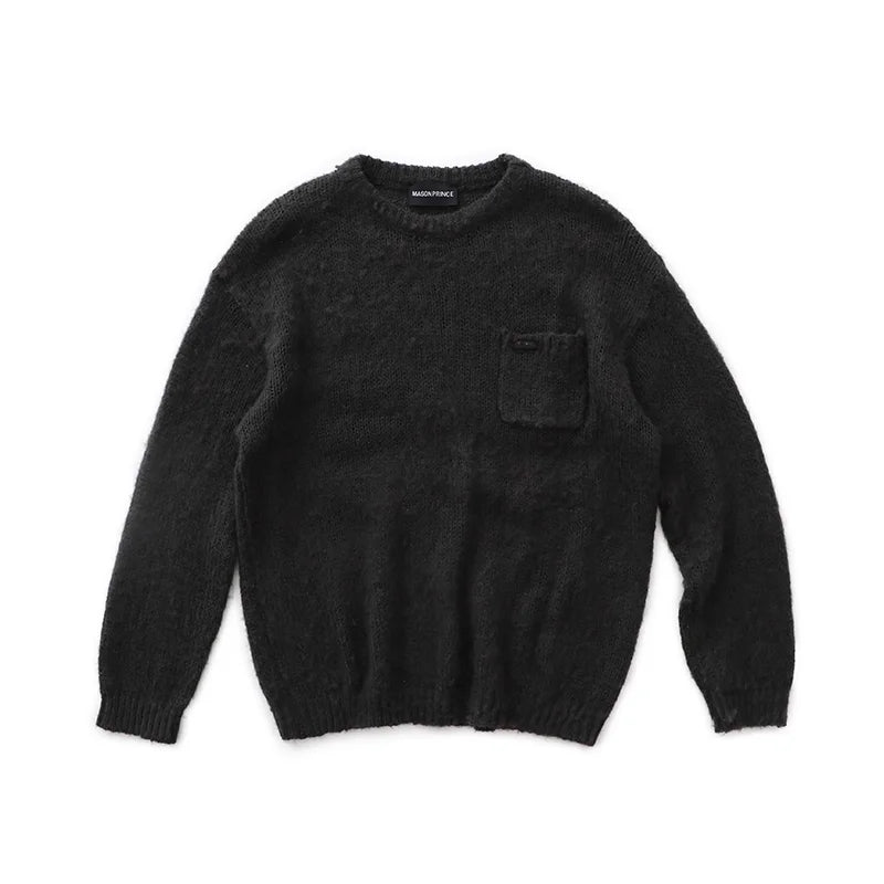 MASONPRINCE Men's Black Mohair Crew Neck Sweater with Chest Pocket