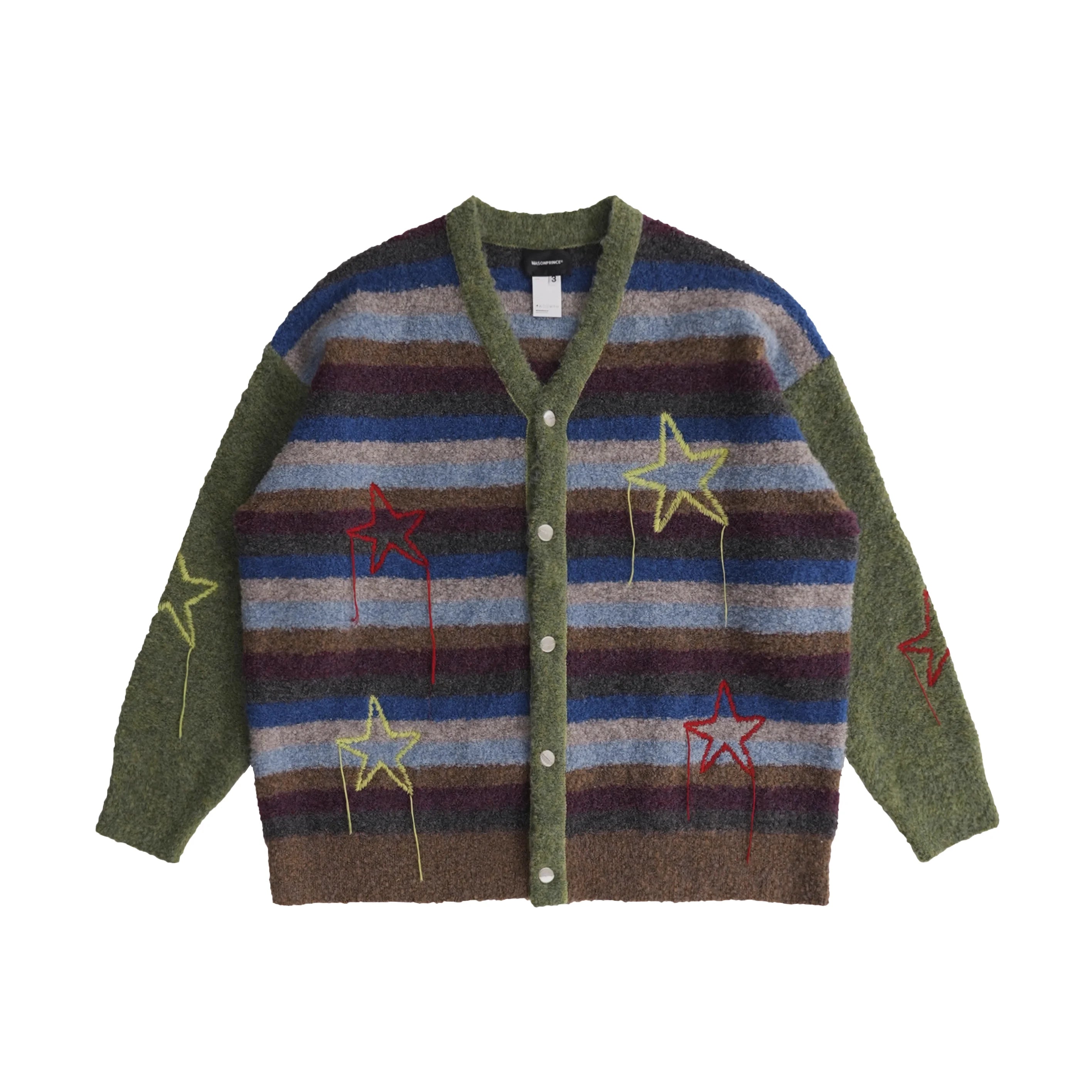 MASONPRINCE Men's Retro Striped Star Patch Cardigan
