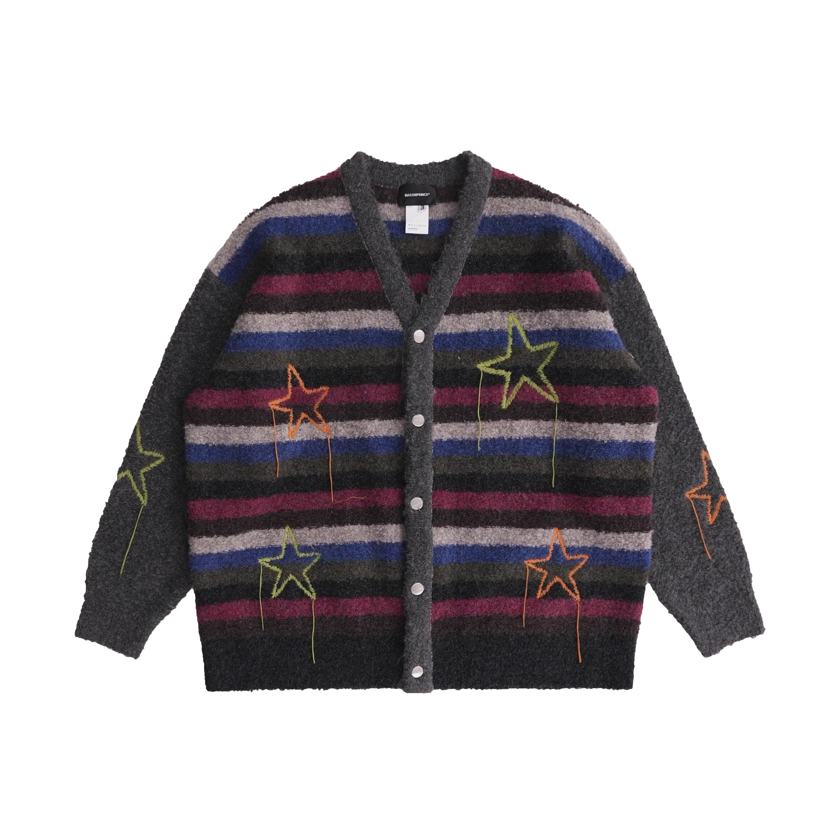 MASONPRINCE Men's Retro Striped Star Patch Cardigan