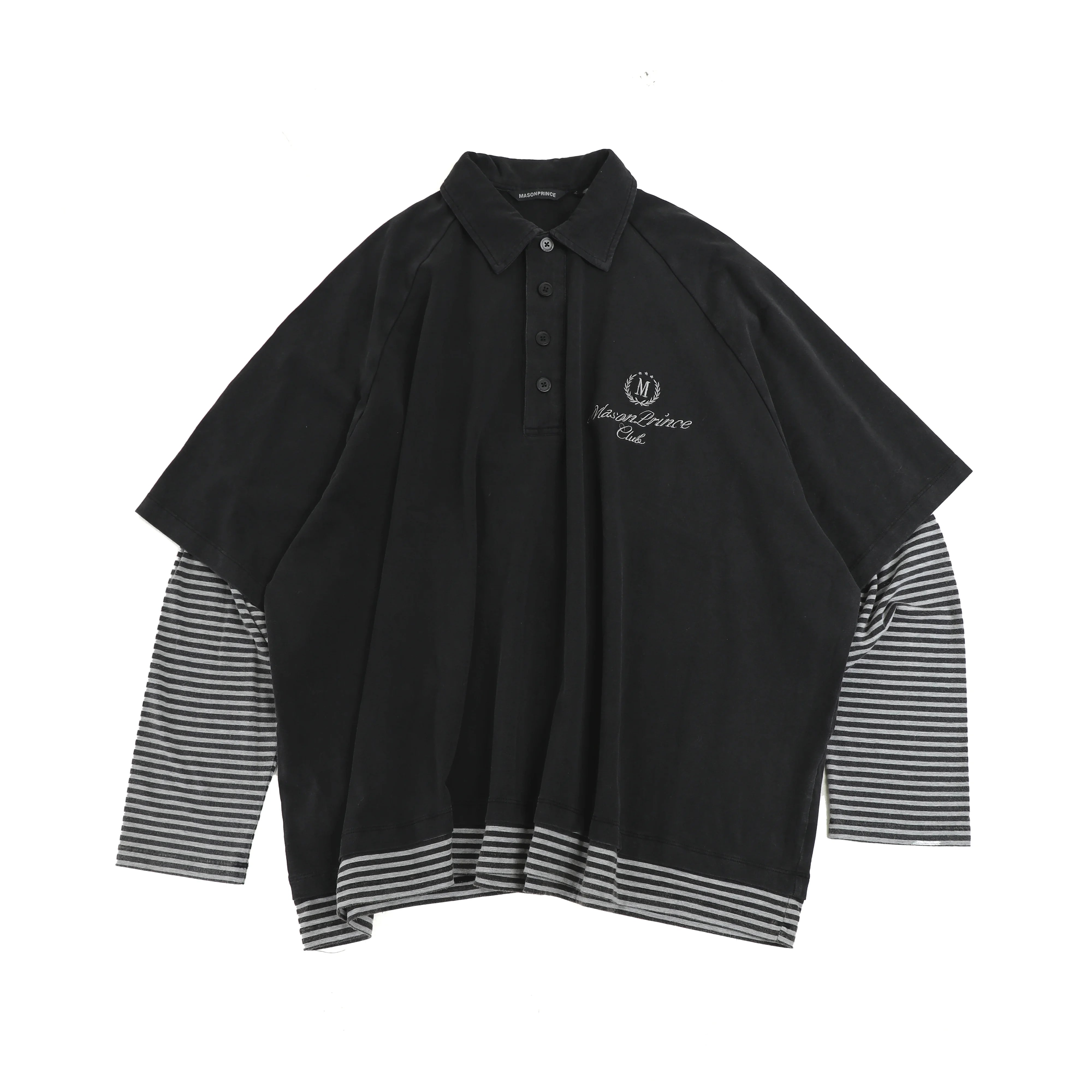 MASONPRINCE Layered Black Knit Polo Shirt with Striped Long Sleeves