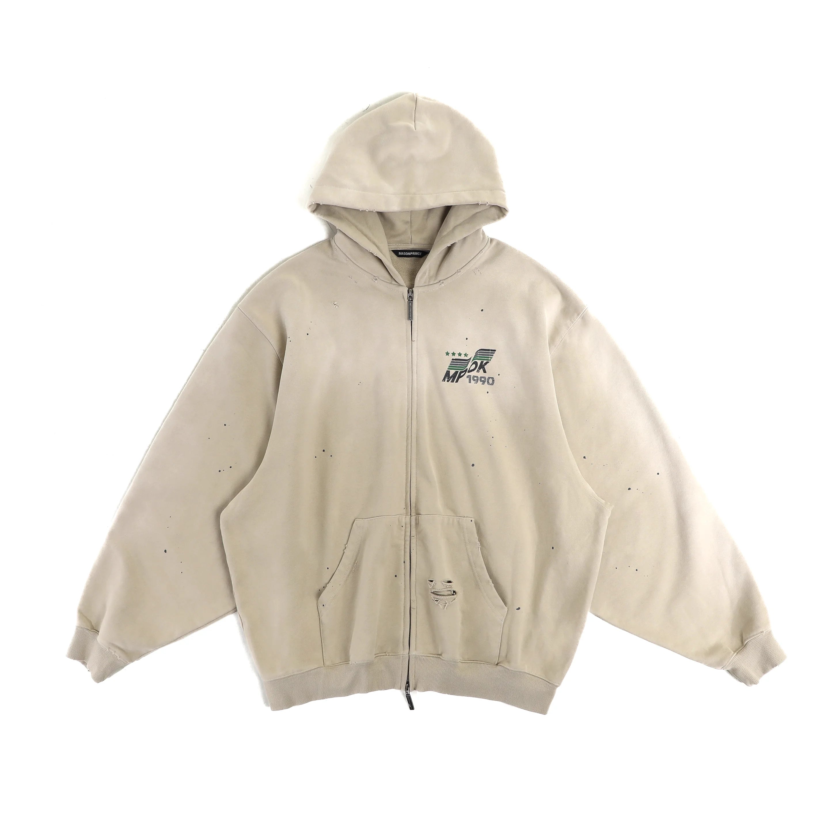 MASONPRINCE 90s Distressed Knit Hoodie with Graphic Back Print